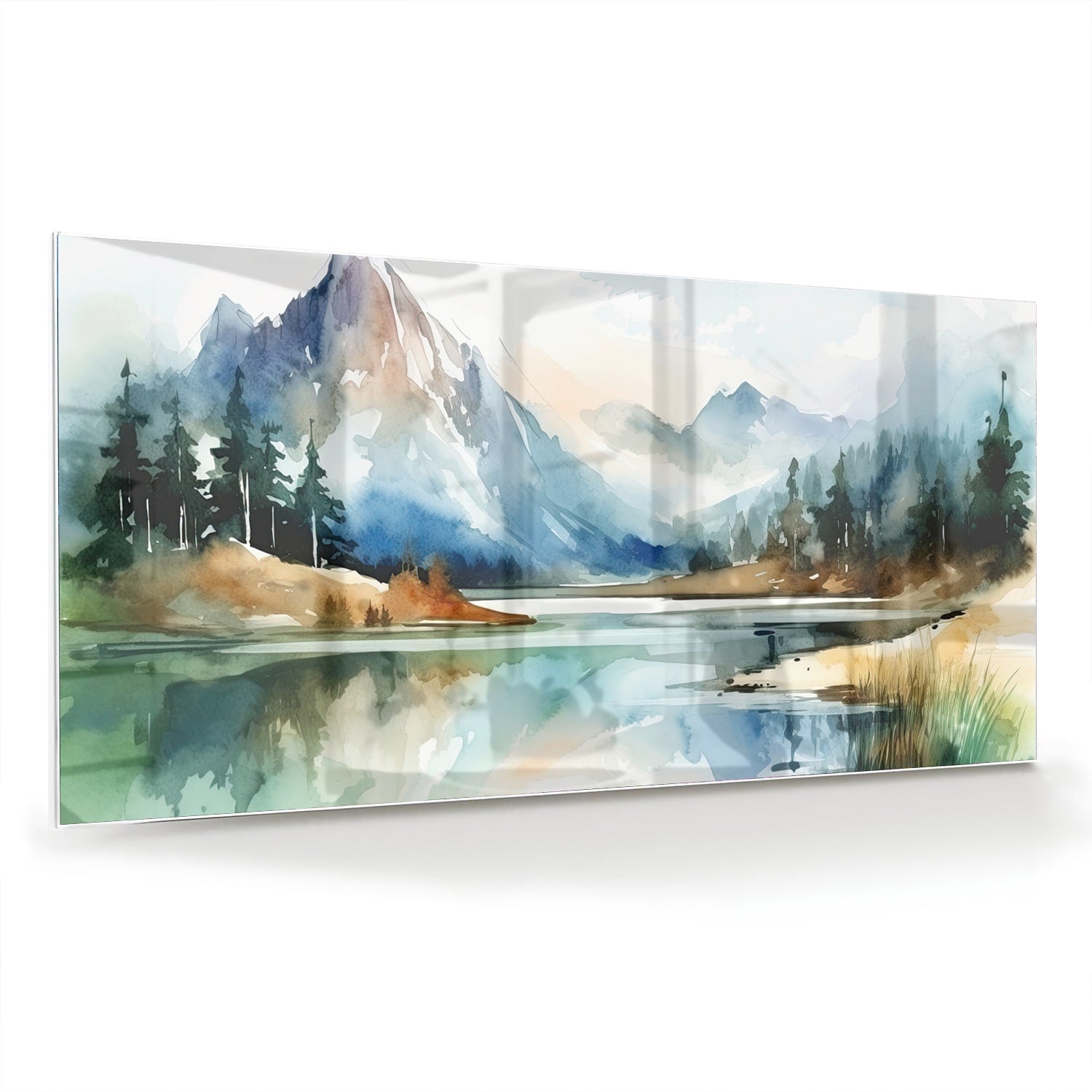 Glazen schilderij met een landschap van bergen en een meer in waterverfstijl.