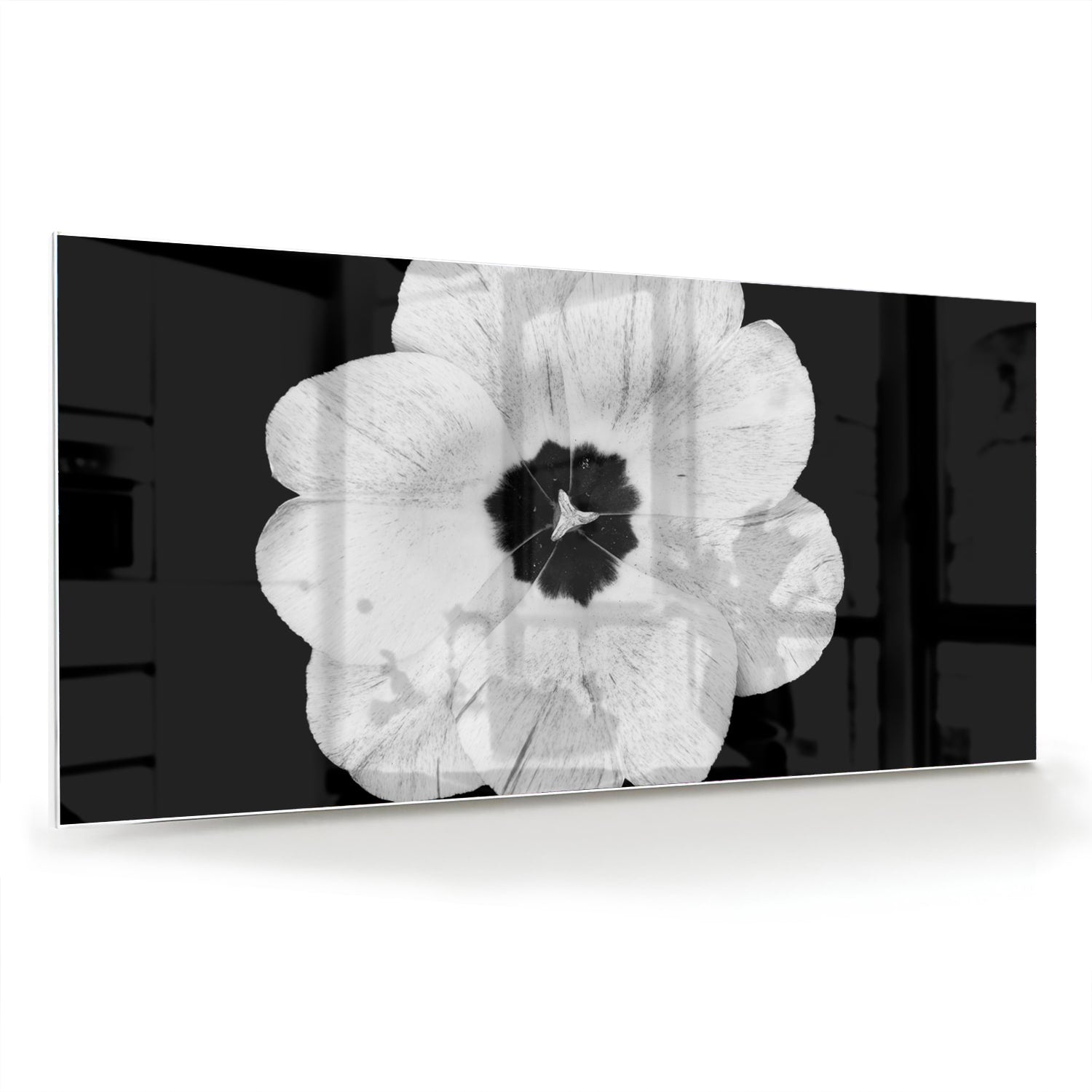 Een glazen schilderij met een witte bloem op een zwarte achtergrond, hangend aan de muur.