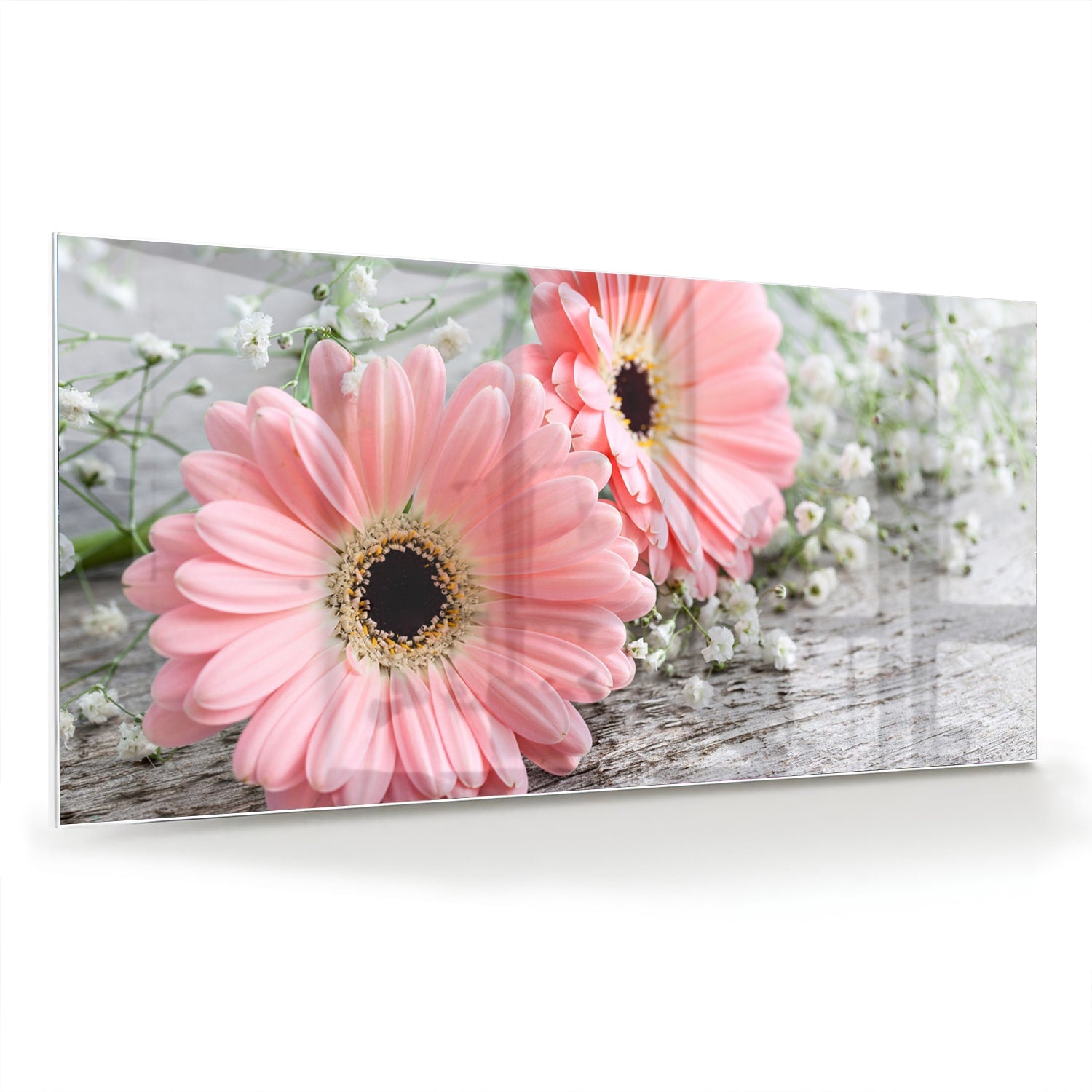 Roze gerbera's op een glazen schilderij, ideaal voor je woonkamer