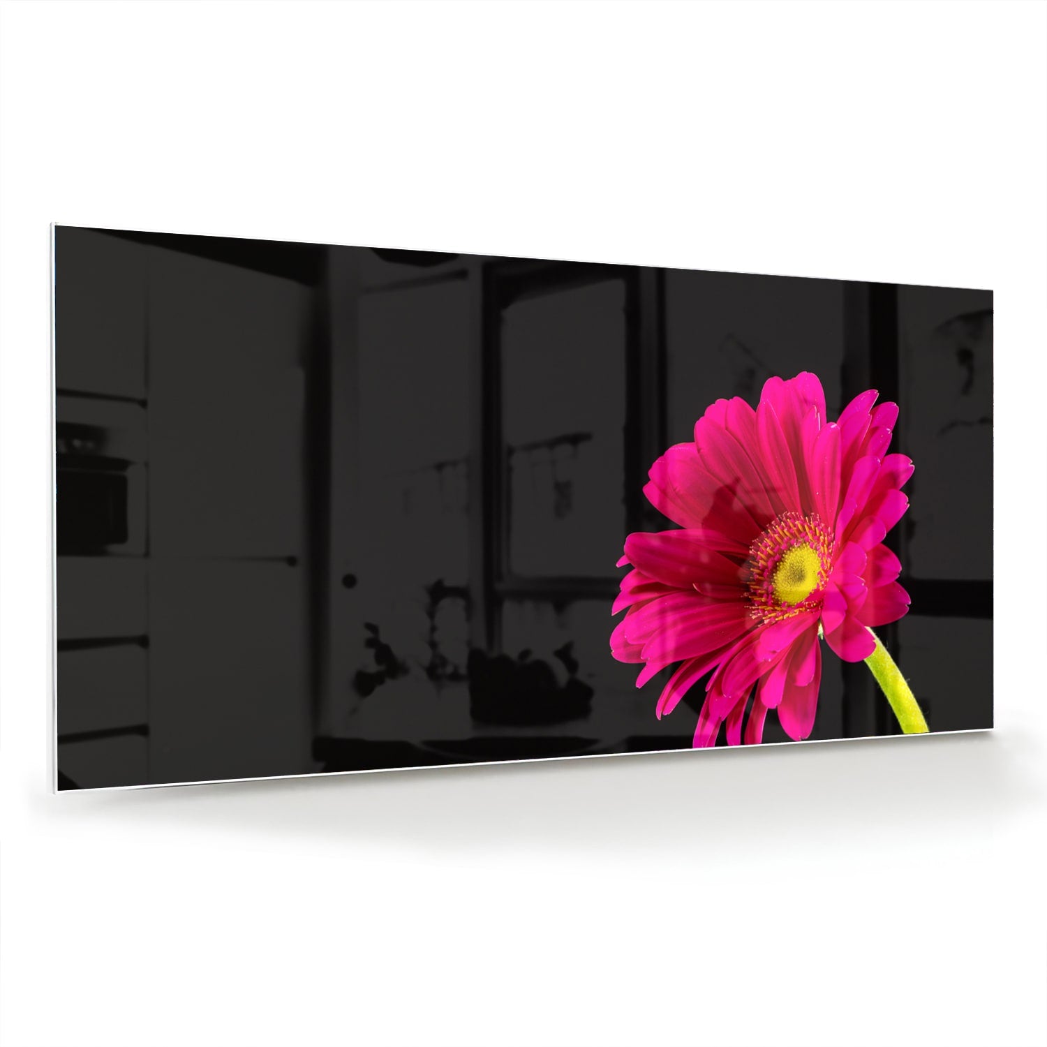 Glazen schilderij van een roze gerbera op zwarte achtergrond, perfect voor decoratie