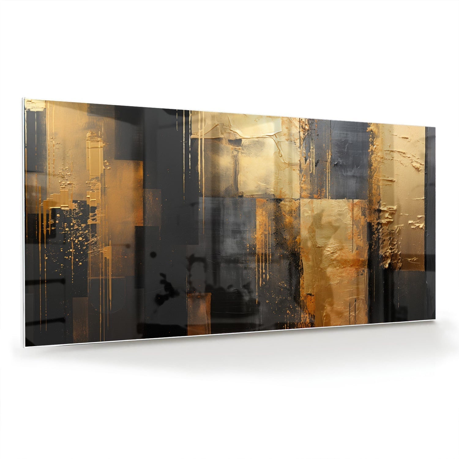 Abstract glazen schilderij in goud en zwart, perfect voor moderne interieurs.
