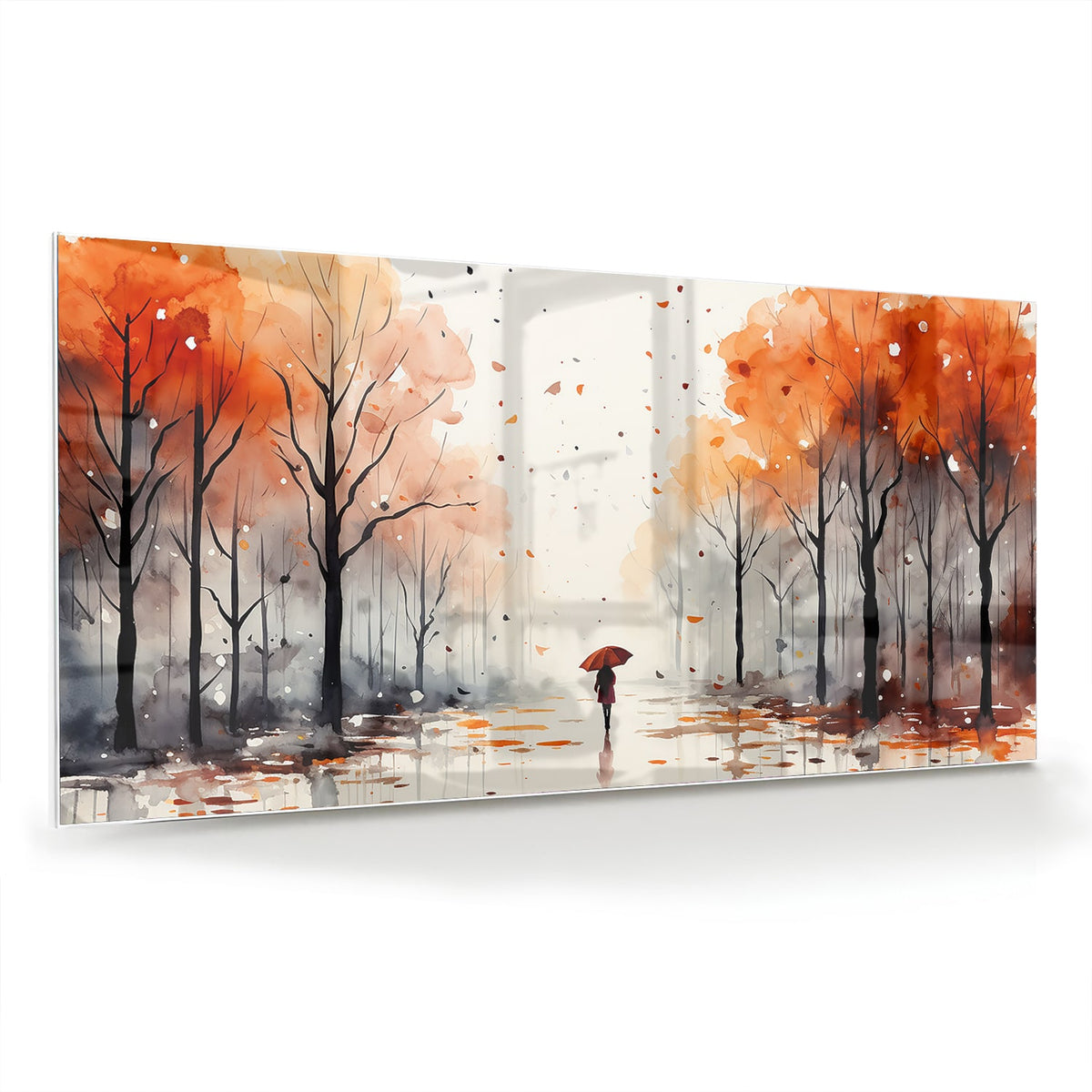 Glazen schilderij van een herfstlandschap met een wandelaar en kleurrijke bomen.