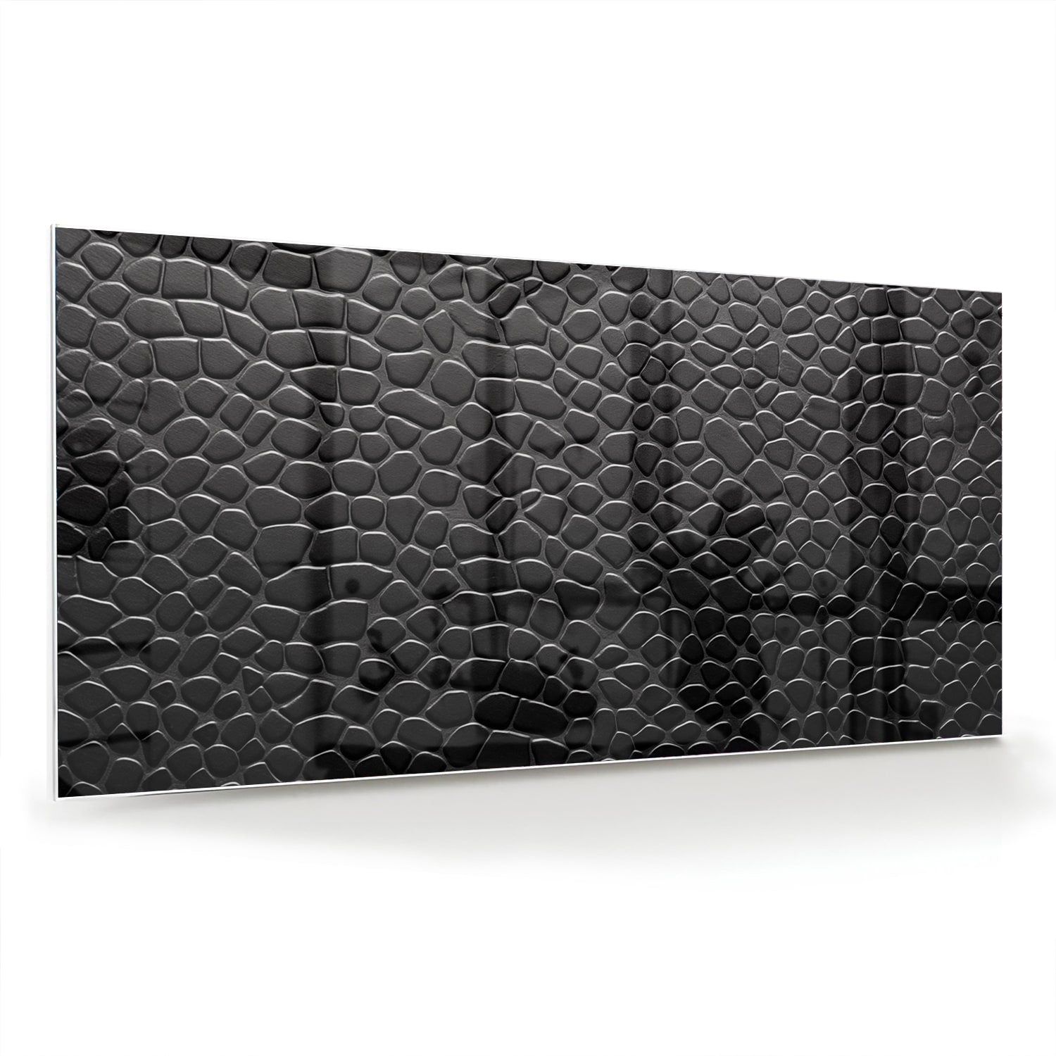 Zwart glazen schilderij met textuur in een moderne woonkamer.