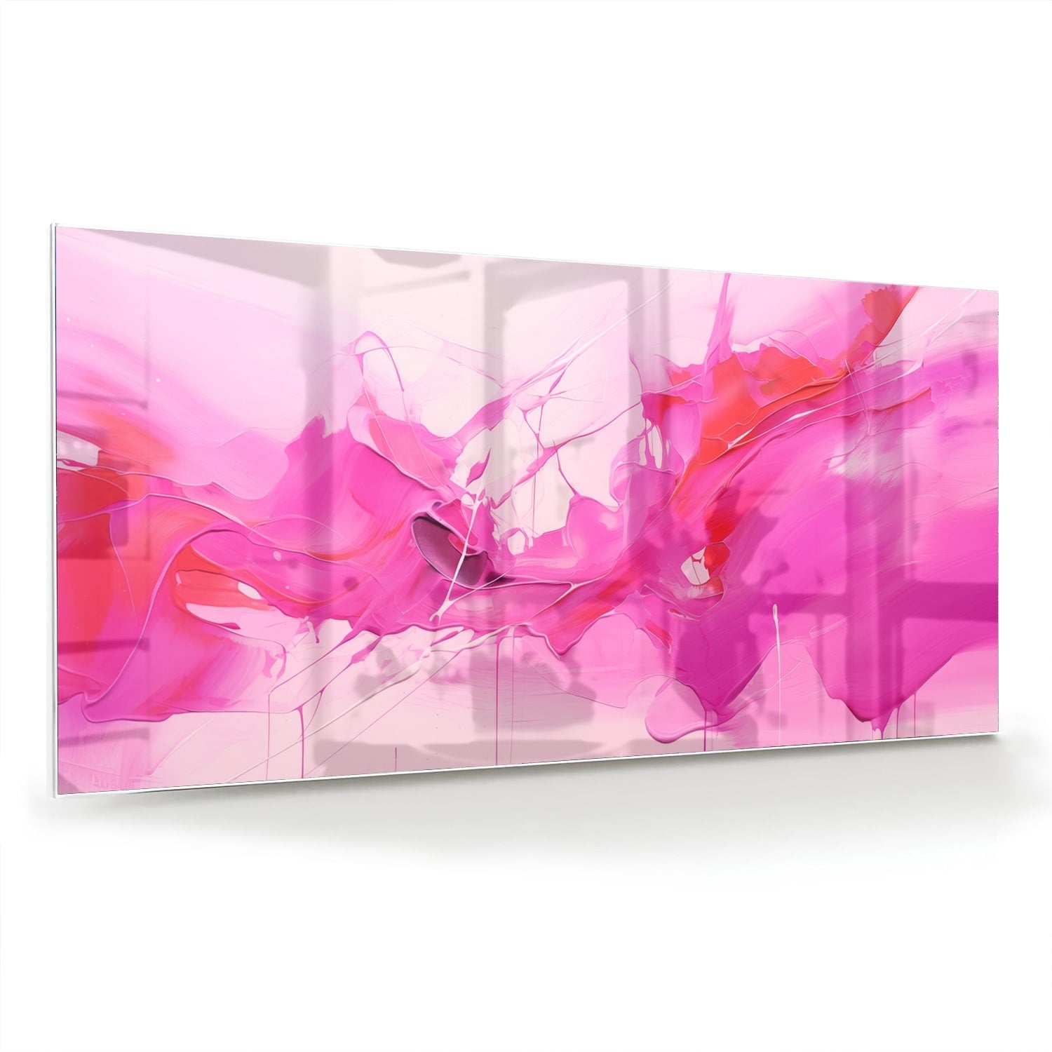 Abstract glazen schilderij met felle roze tinten aan de muur