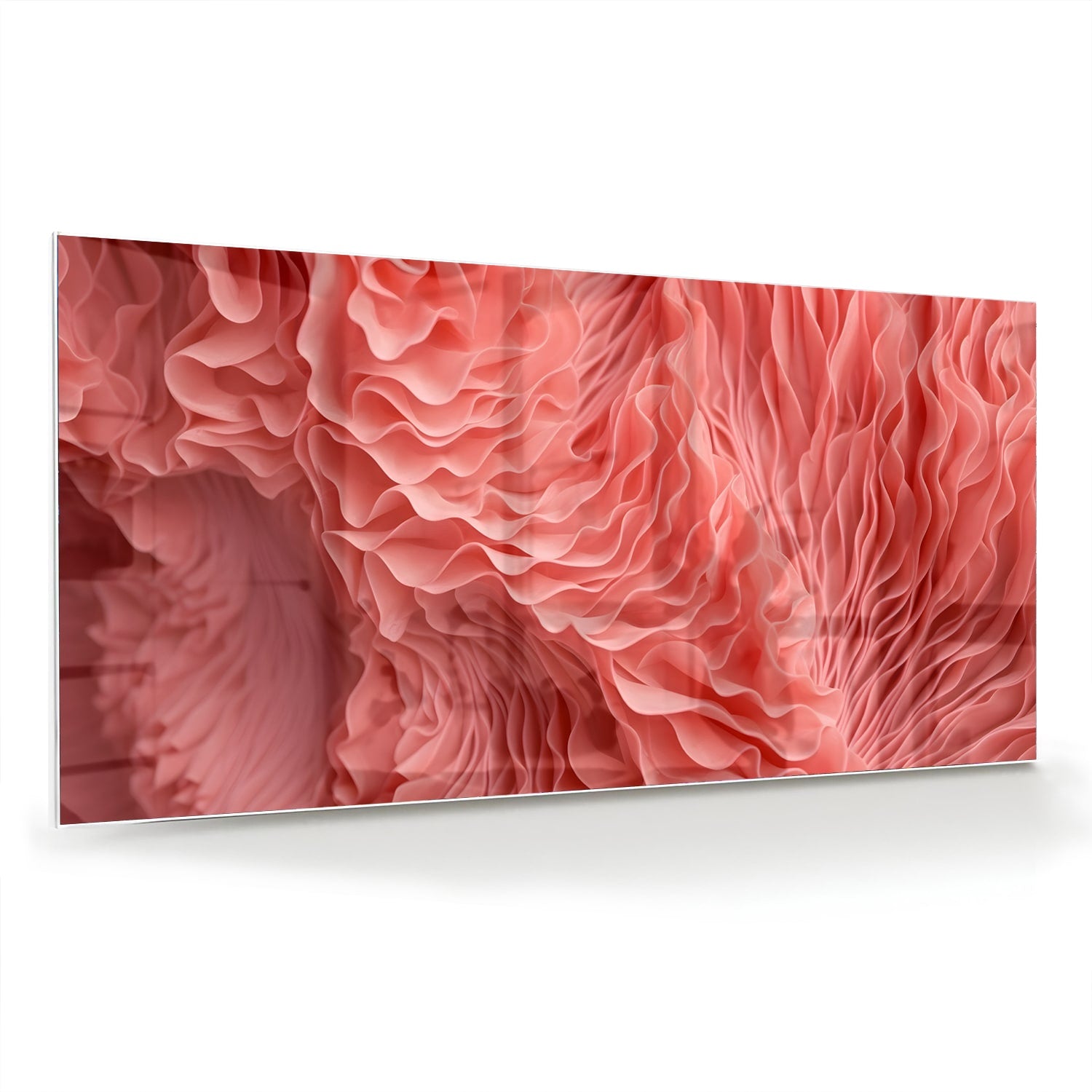 Abstract glazen schilderij in roze met golvende patronen, perfect voor wanddecoratie.