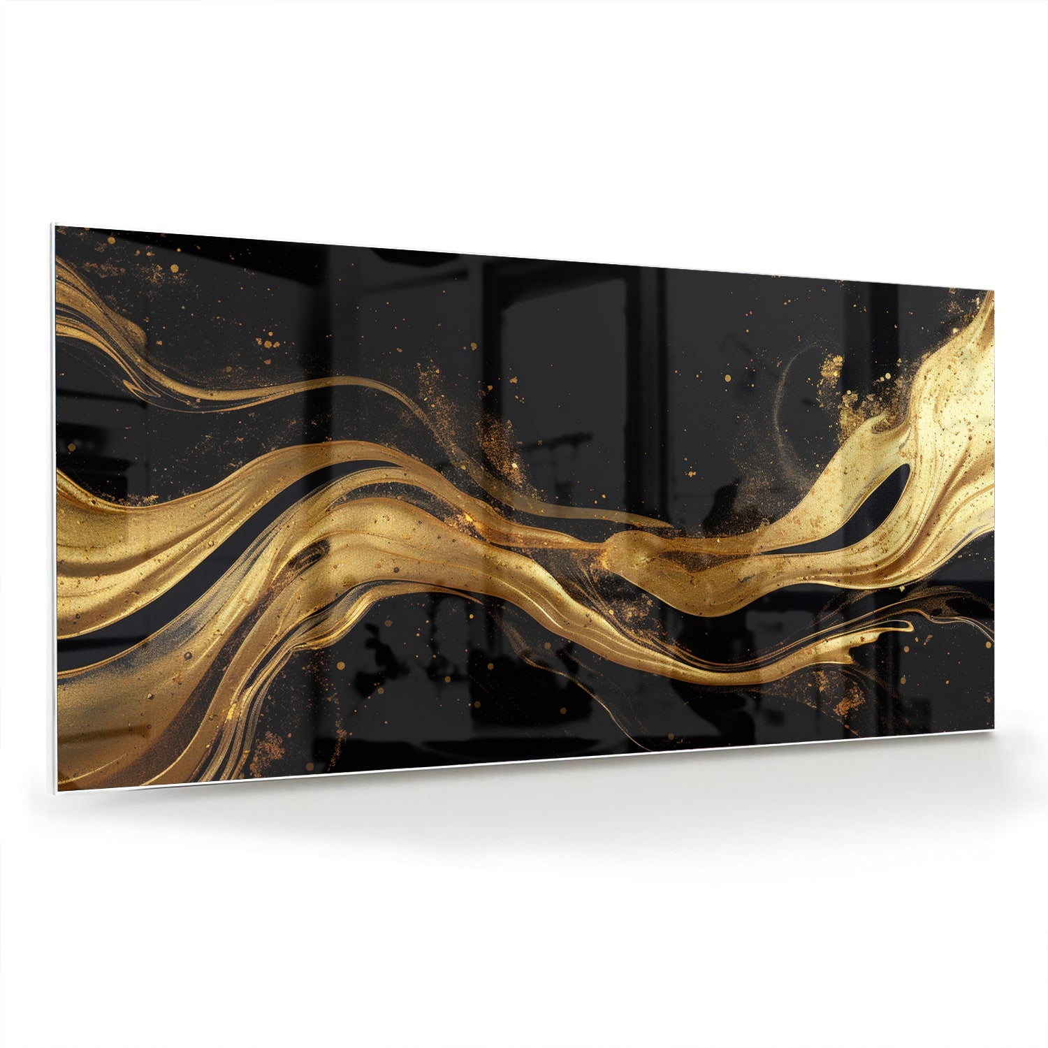 Glazen schilderij met gouden lijnen op een zwarte achtergrond, geschikt voor moderne interieurs.