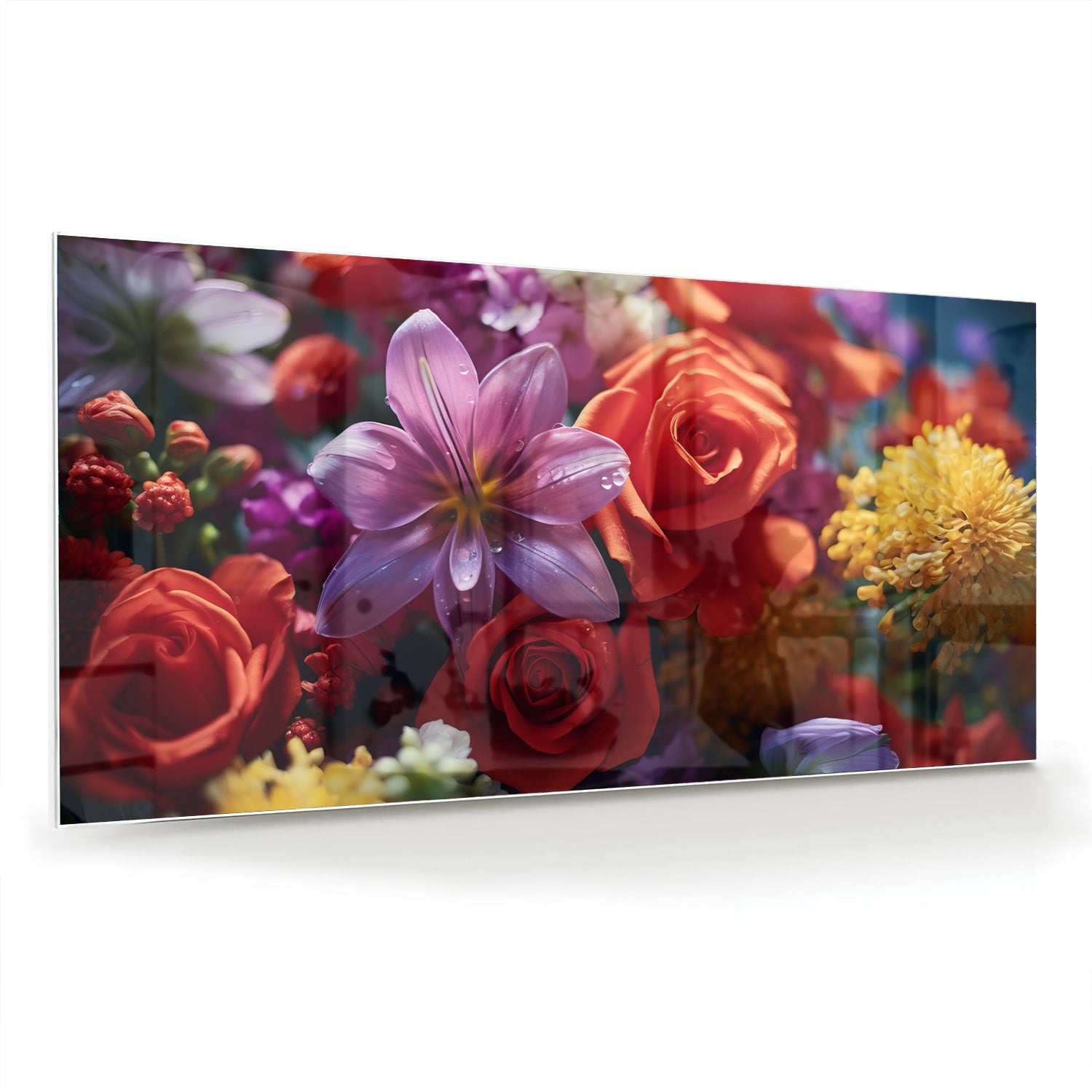 Kleurrijk glazen schilderij met een prachtige bloemencompositie.