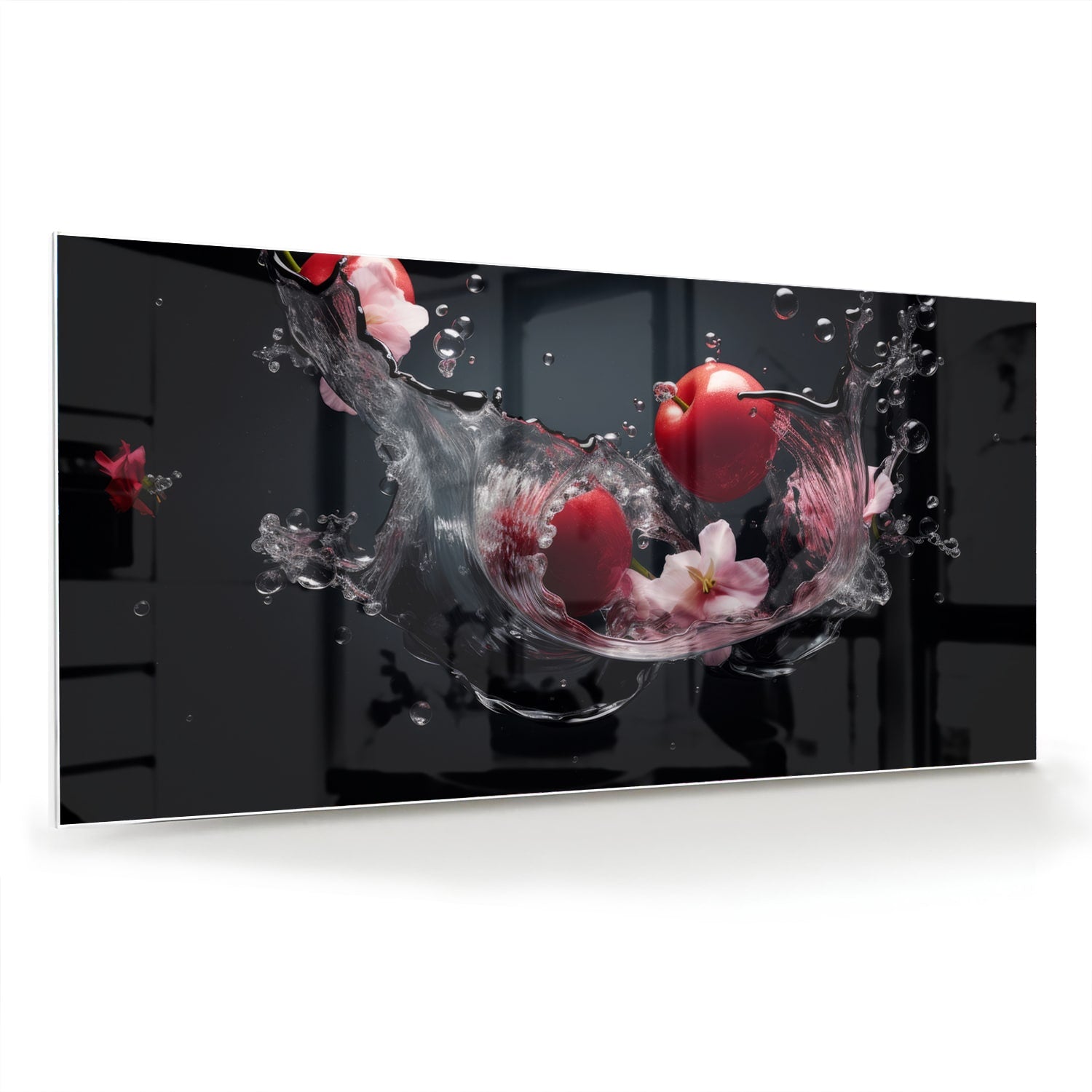Glazen schilderij met roze bloemen en waterdruppels op een zwarte achtergrond.
