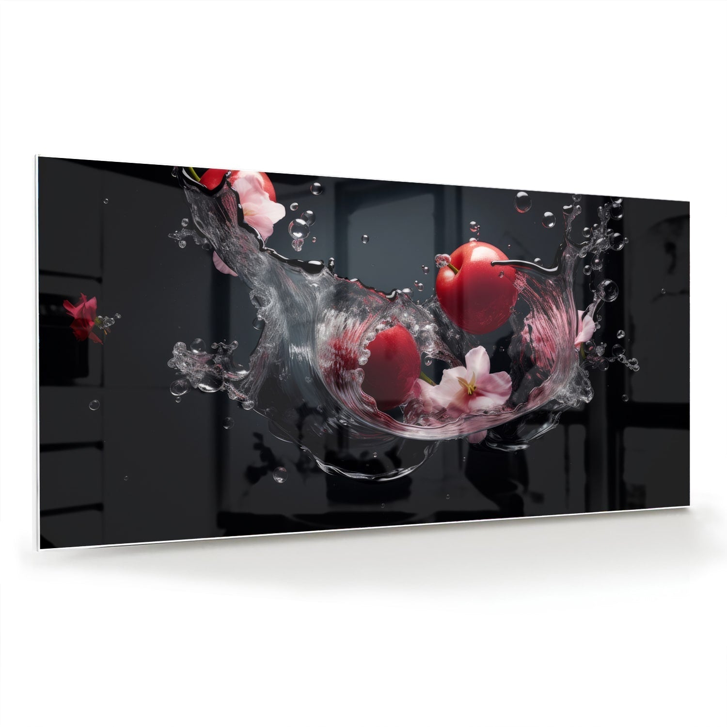 Glazen schilderij met roze bloemen en waterdruppels op een zwarte achtergrond.