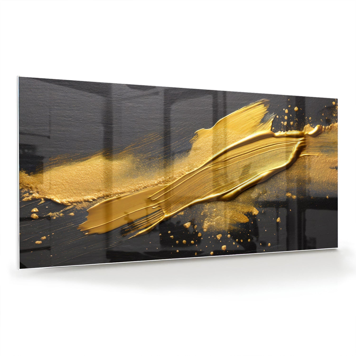 Modern glazen schilderij met gouden strepen op een zwarte achtergrond.