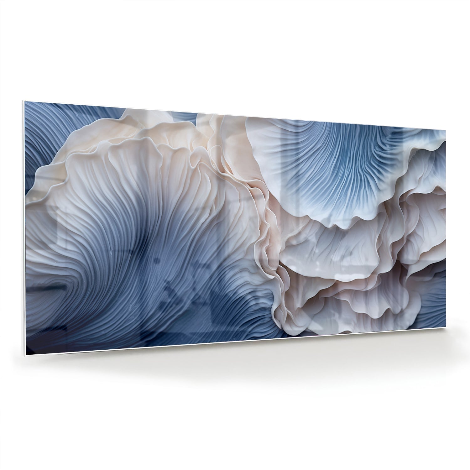 Glazen schilderij met blauw-witte patronen in modern interieur