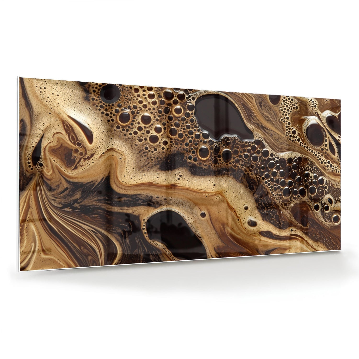 Abstract glazen schilderij met aardse kleuren en organische vormen, geschikt voor moderne interieurs.