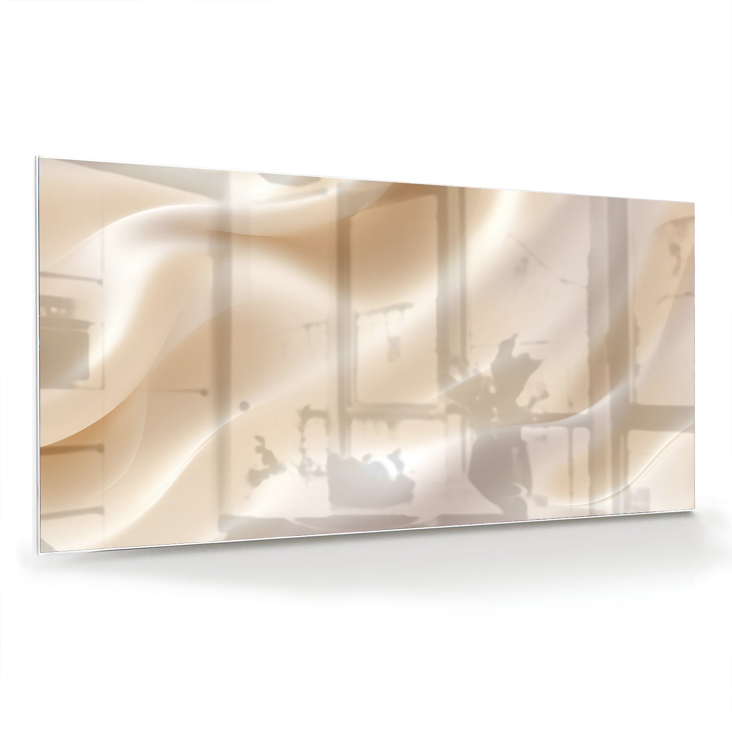 Minimalistisch glazen schilderij met warme tinten in een moderne woonkamer.