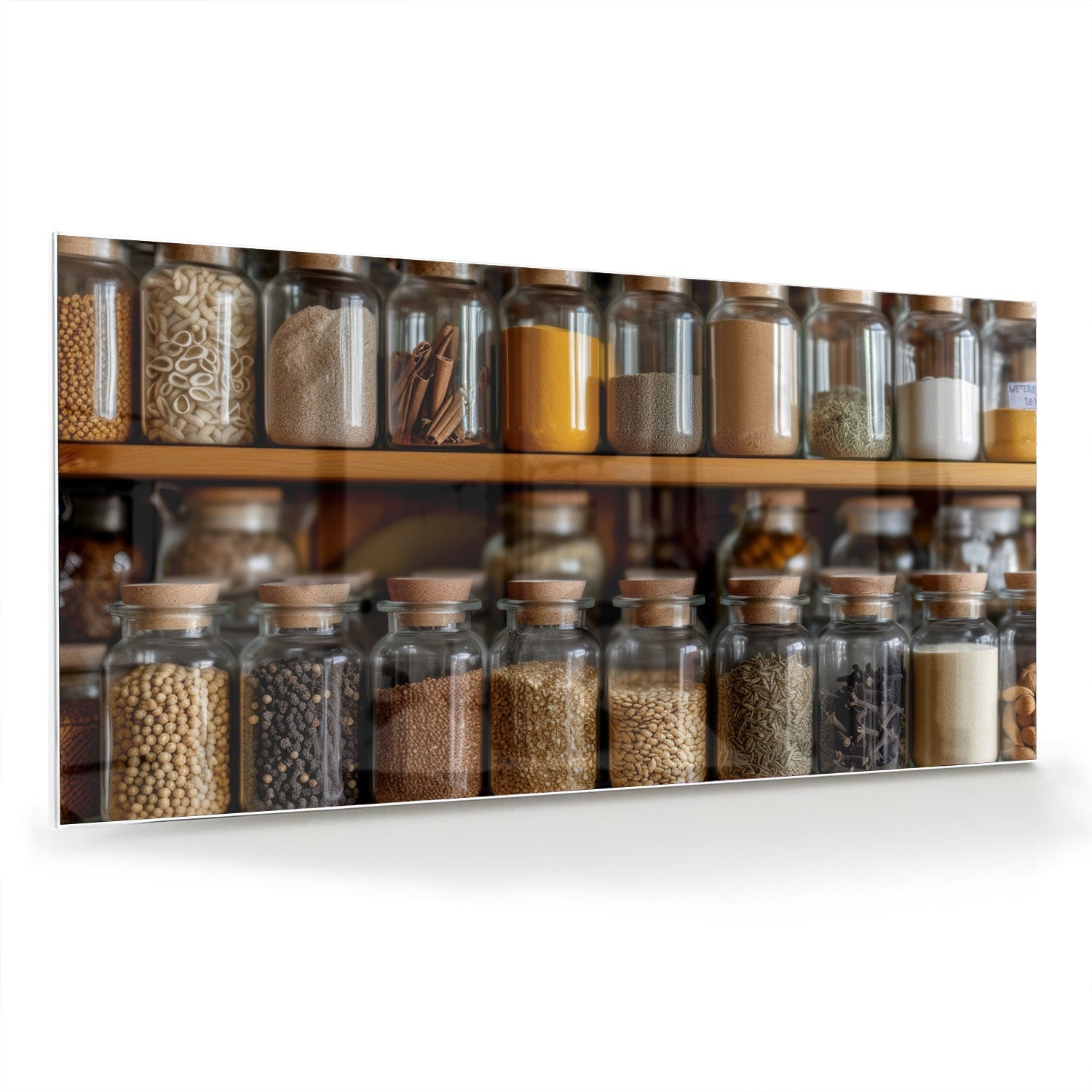Glazen schilderij met een houten plank vol Mason jars gevuld met specerijen.