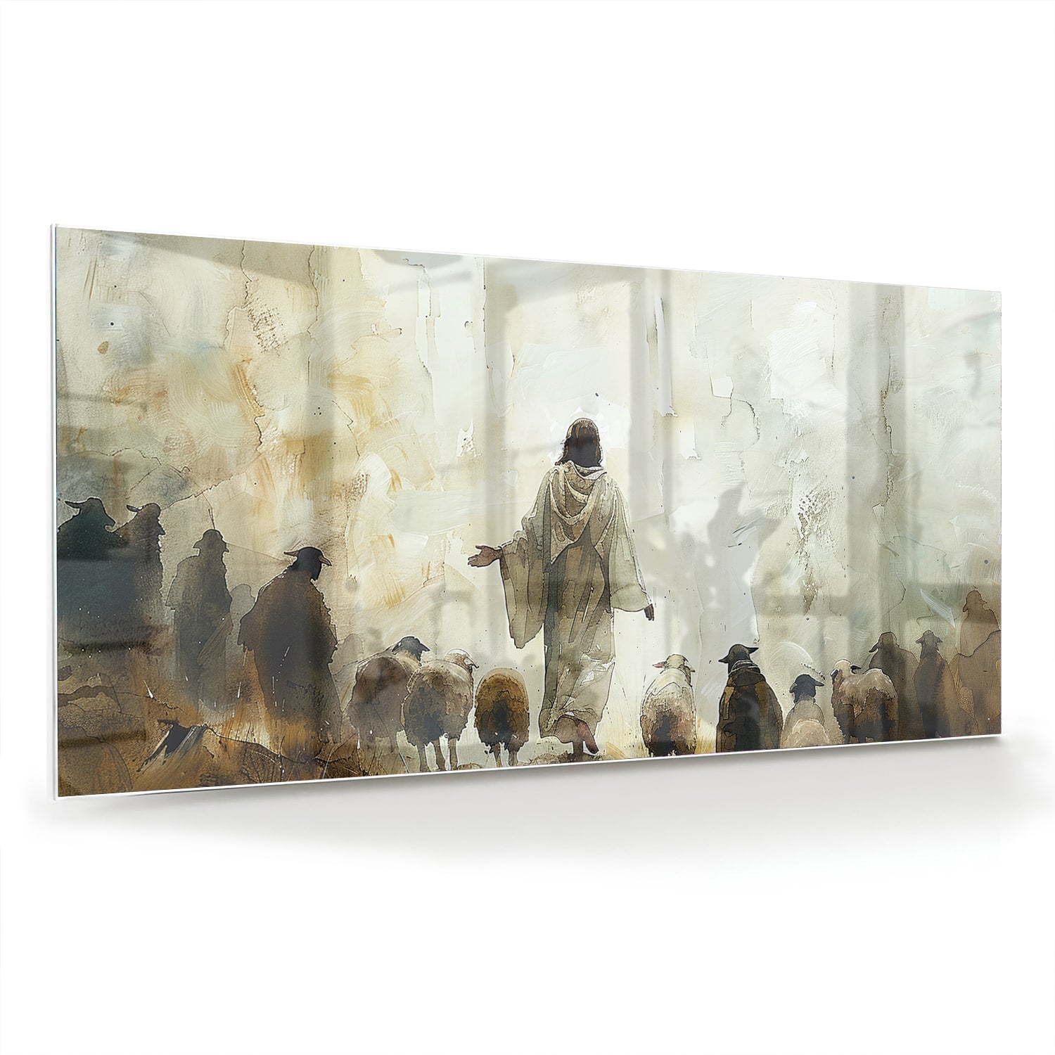 Glazen schilderij van een geestelijke die schapen leidt in warme aardse kleuren.