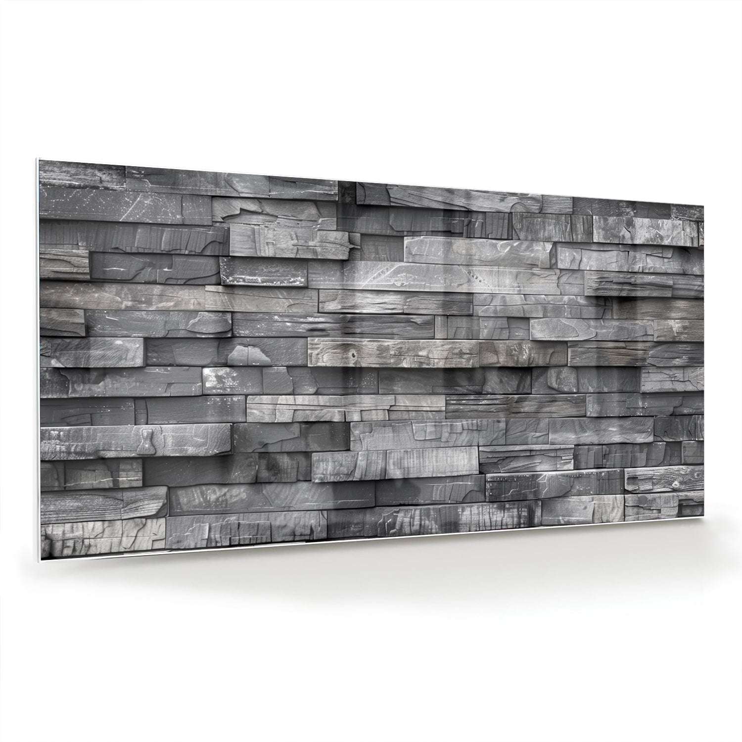 Moderne glazen schilderij met grijze texturen aan een lichte muur.