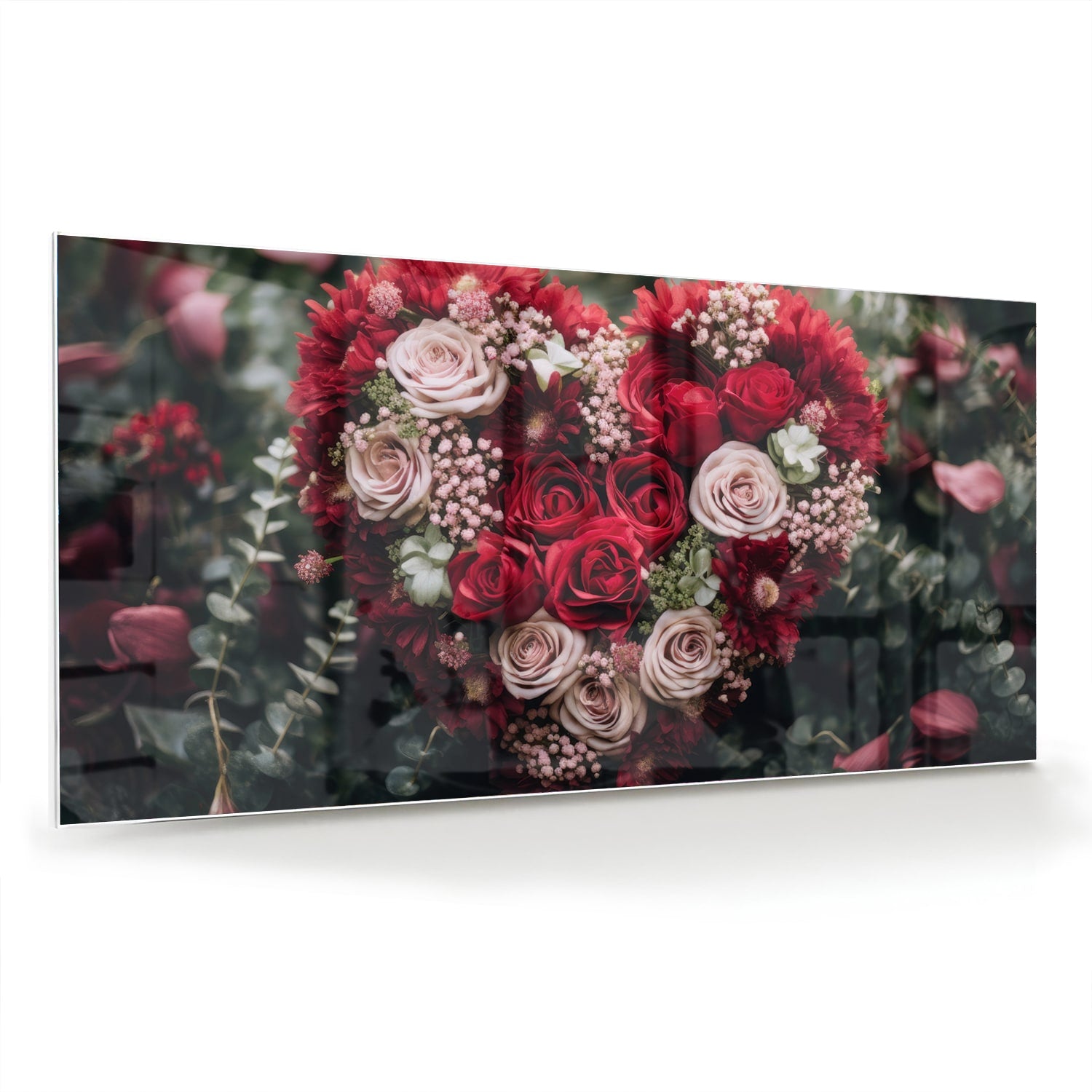 Glazen schilderij met hartvormige bloemmotieven in rood en roze