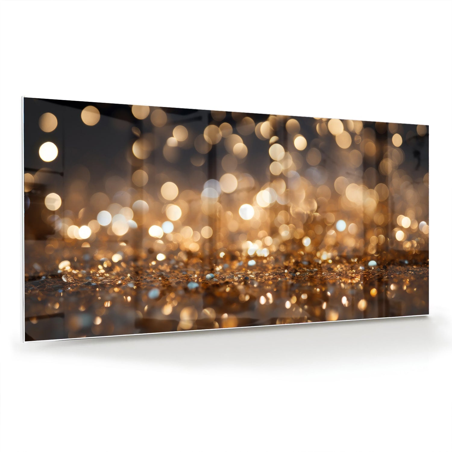 Glazen schilderij met gouden bokeh-effect aan de muur in een moderne woonkamer.