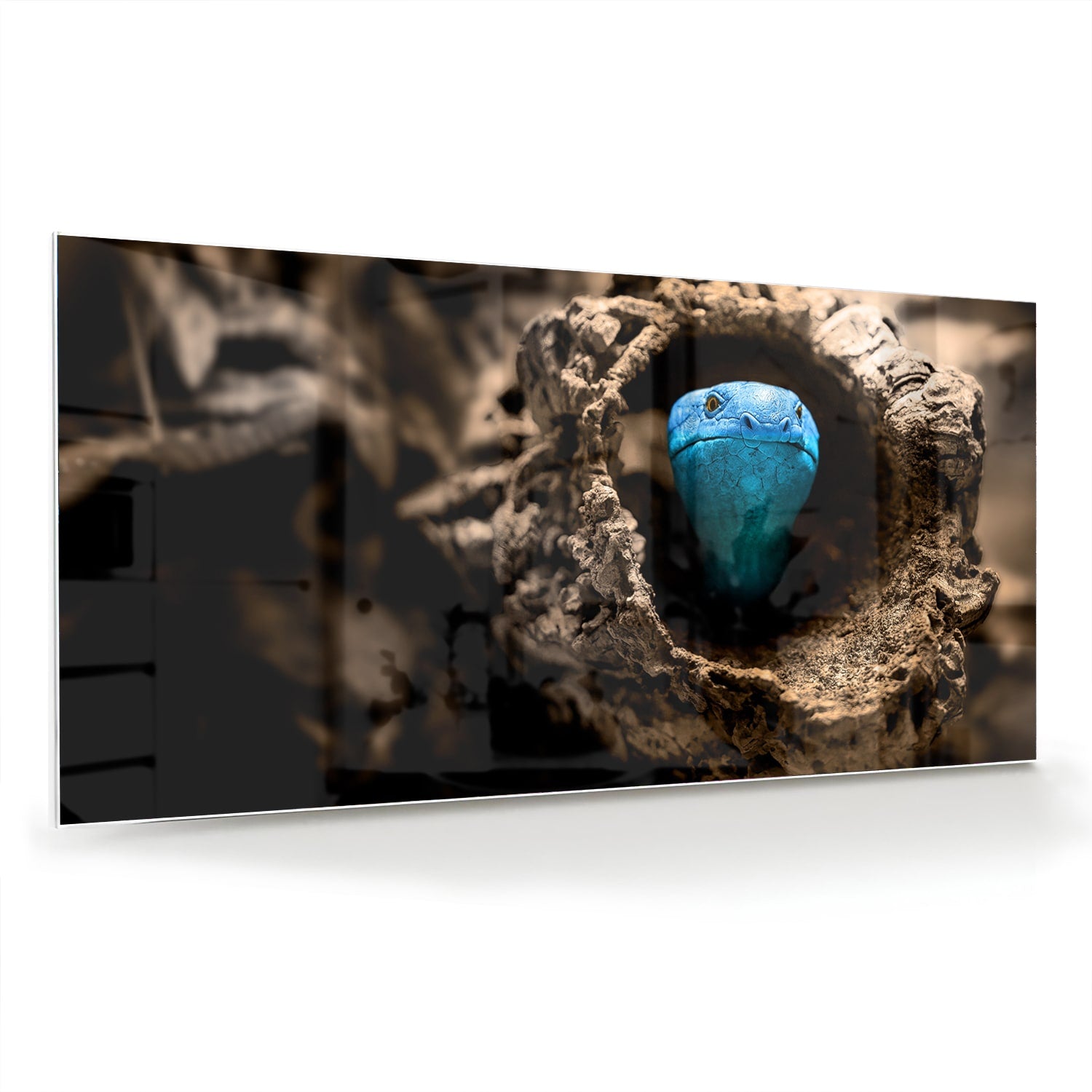 Glas schilderij met een blauwe parel in een nest, stijlvol en modern.