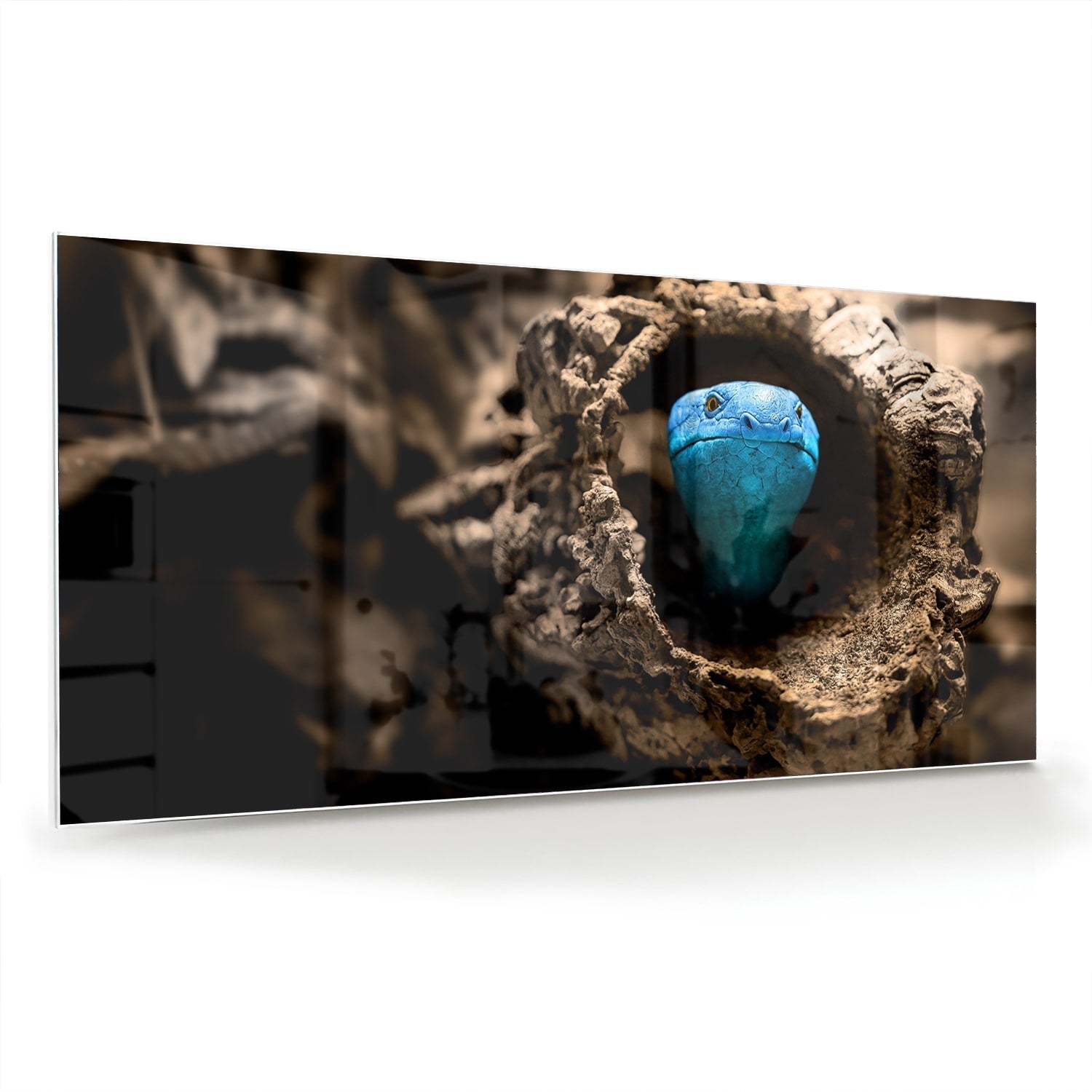 Glas schilderij met een blauwe parel in een nest, stijlvol en modern.