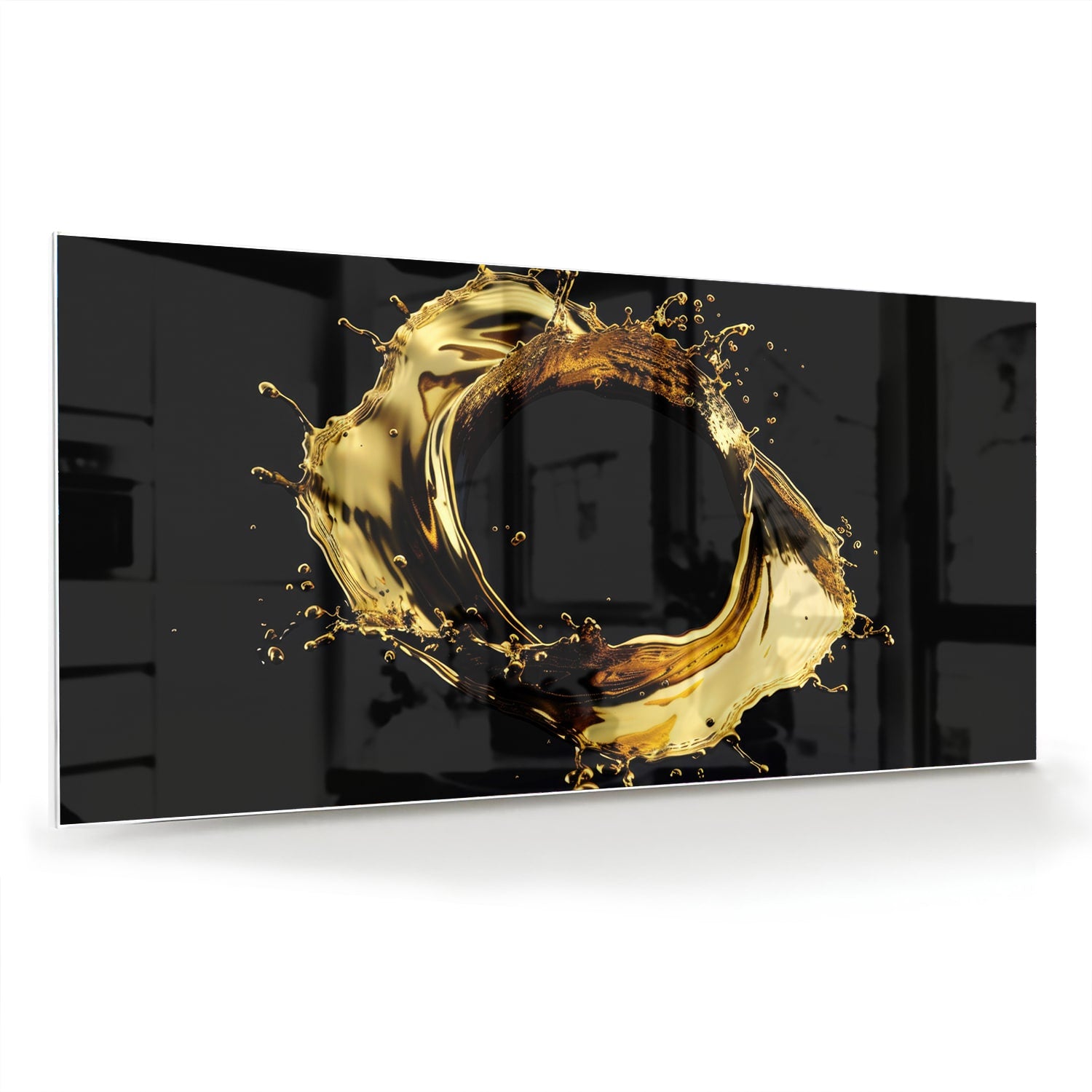 Luxe glazen schilderij met gouden spatten op zwarte achtergrond