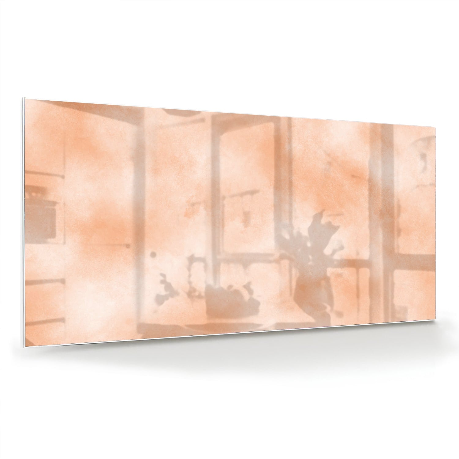 Glas schilderij in warme aardetinten hangt boven een houten kast in een moderne woonkamer.