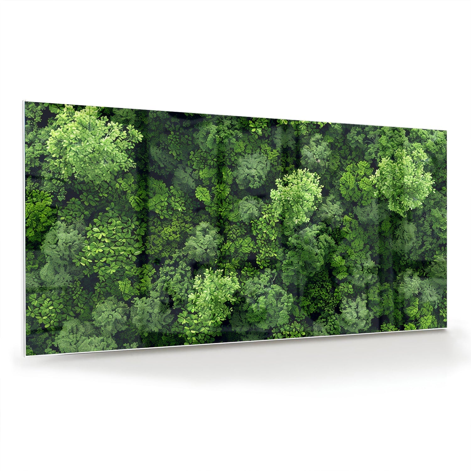 Luchtfoto van een weelderig groen bos op een muur in een moderne kamer.
