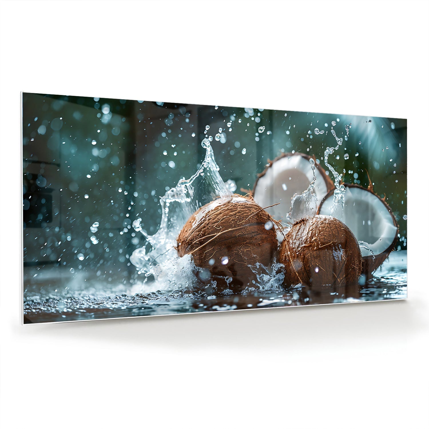 Glas schilderij van kokosnoten met spetters water, perfect voor wanddecoratie.