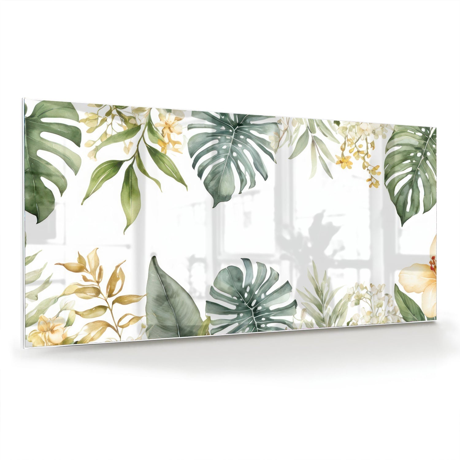 Glazen schilderij met tropische bladeren en botanische elementen aan een witte muur.