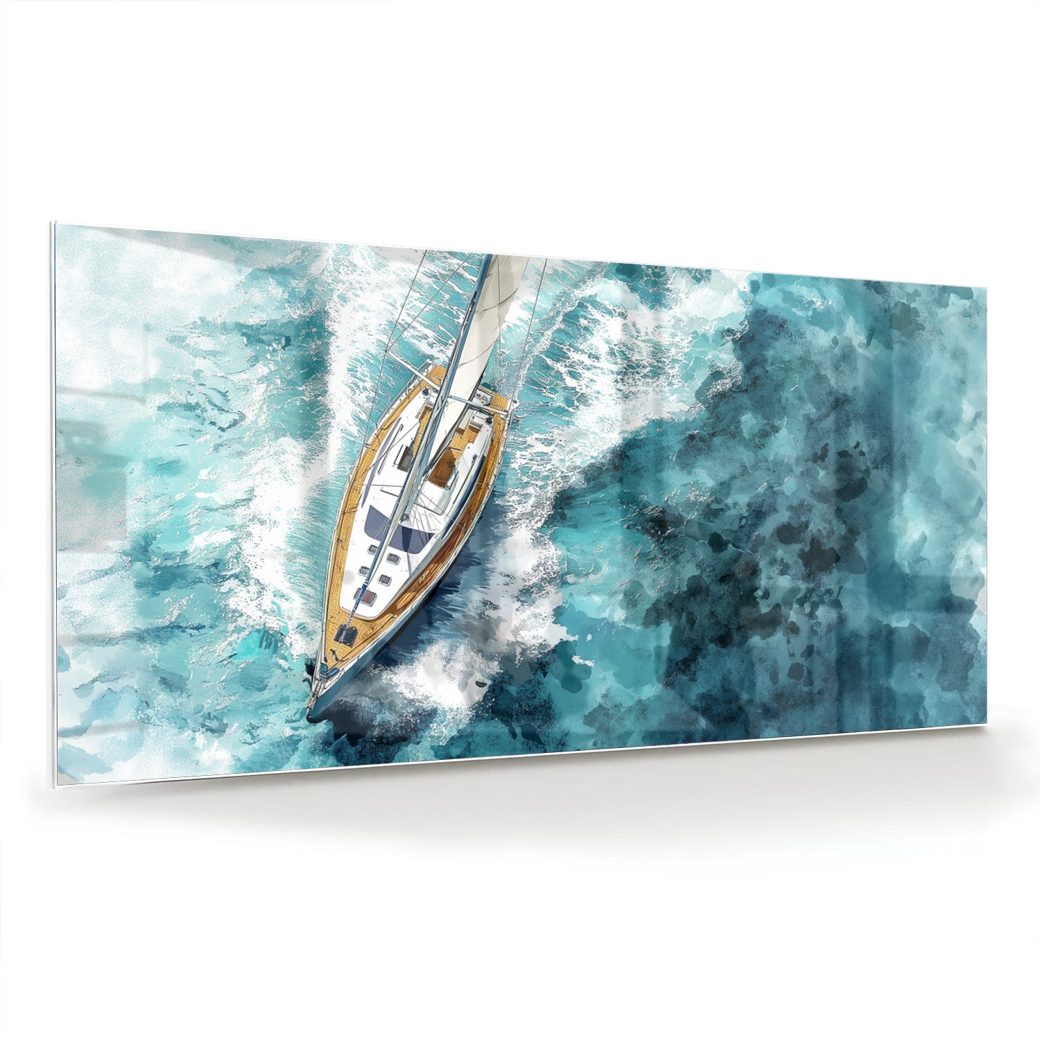 Glazen schilderij van een jacht die over een turquoise zee vaart.