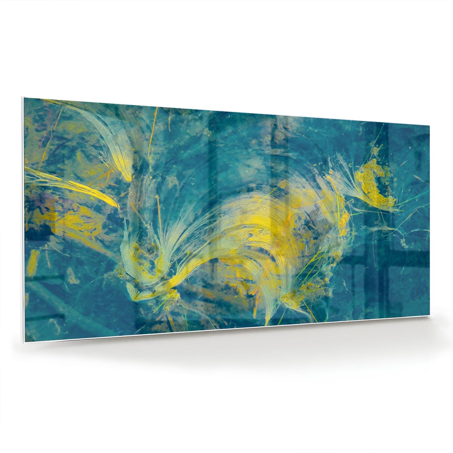 Abstract glazen schilderij met blauw en geel dat aan de muur hangt