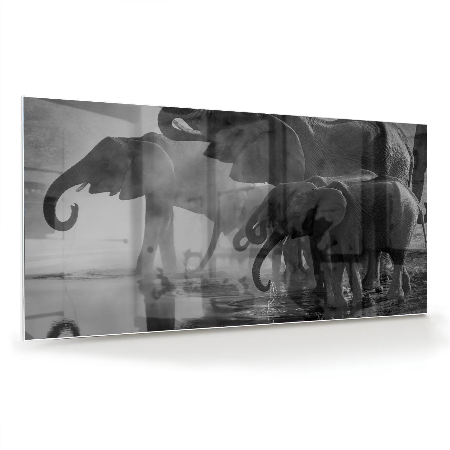Glazen schilderij van olifanten in een moderne woonkamer