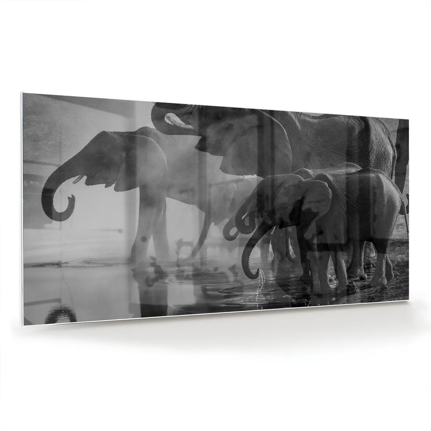 Glazen schilderij van olifanten in een moderne woonkamer