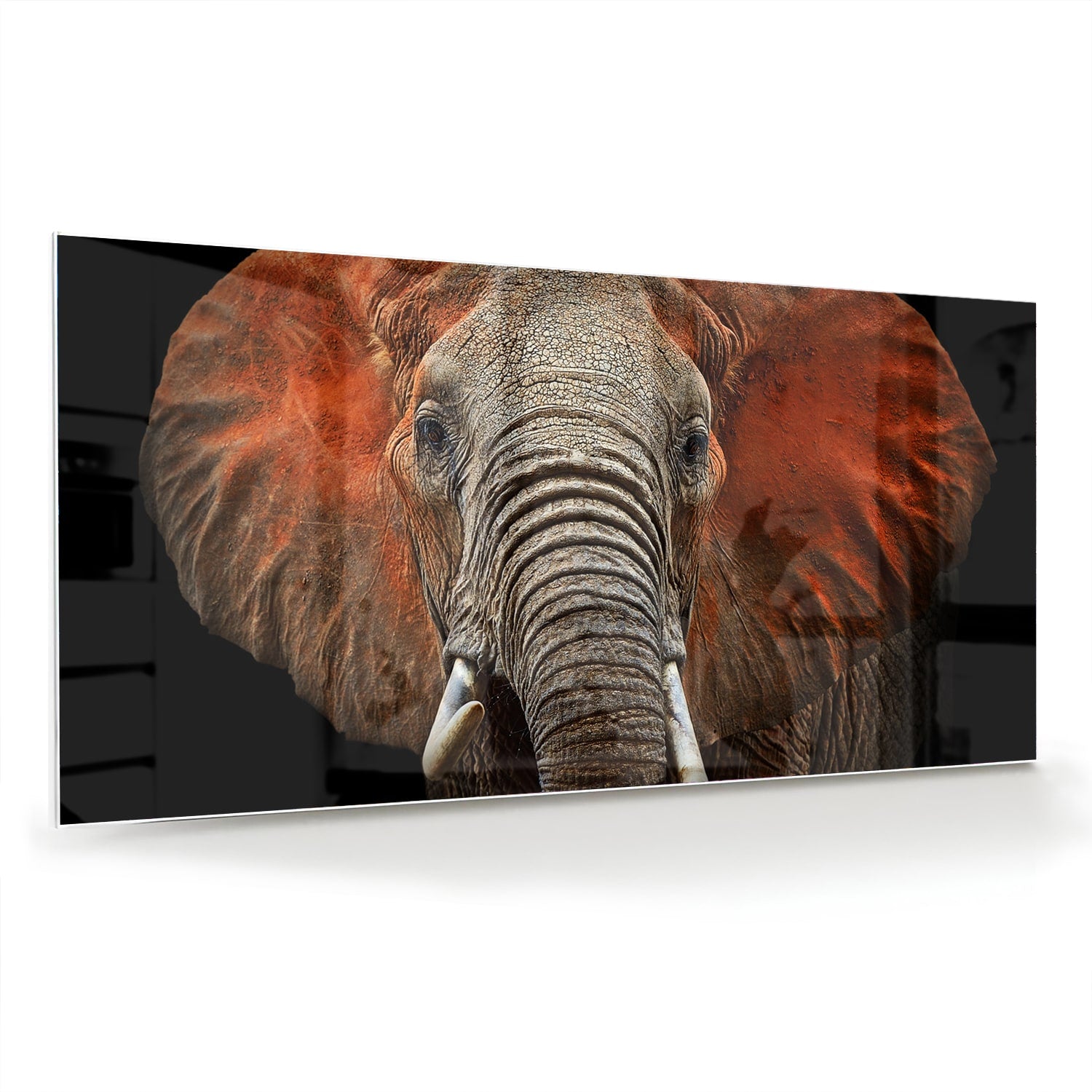 Glazen schilderij van een olifant met kleurrijke oren, prachtig voor aan de muur.
