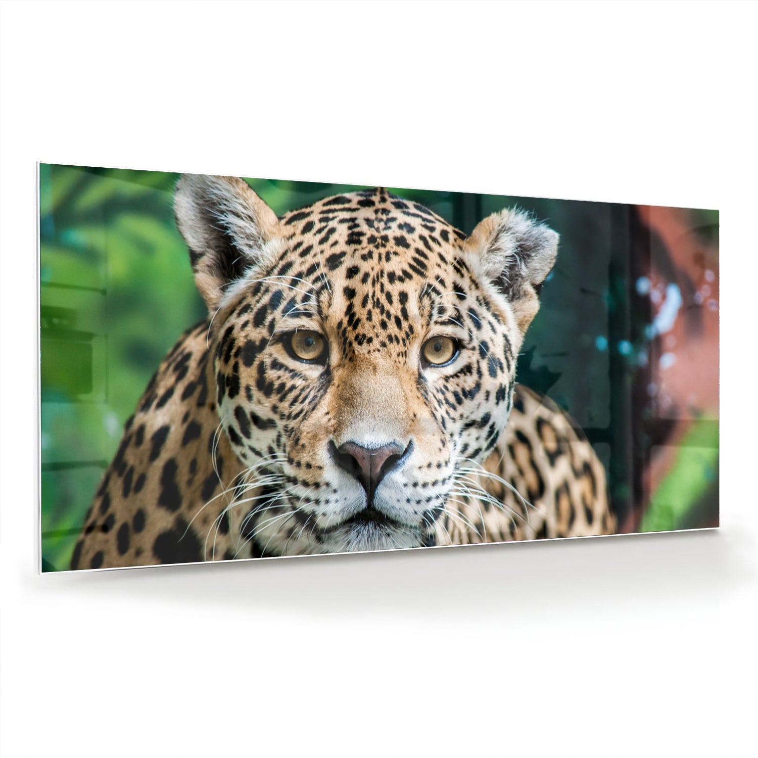 Glazen schilderij van een jaguar dat aan de muur hangt in een moderne woonkamer.
