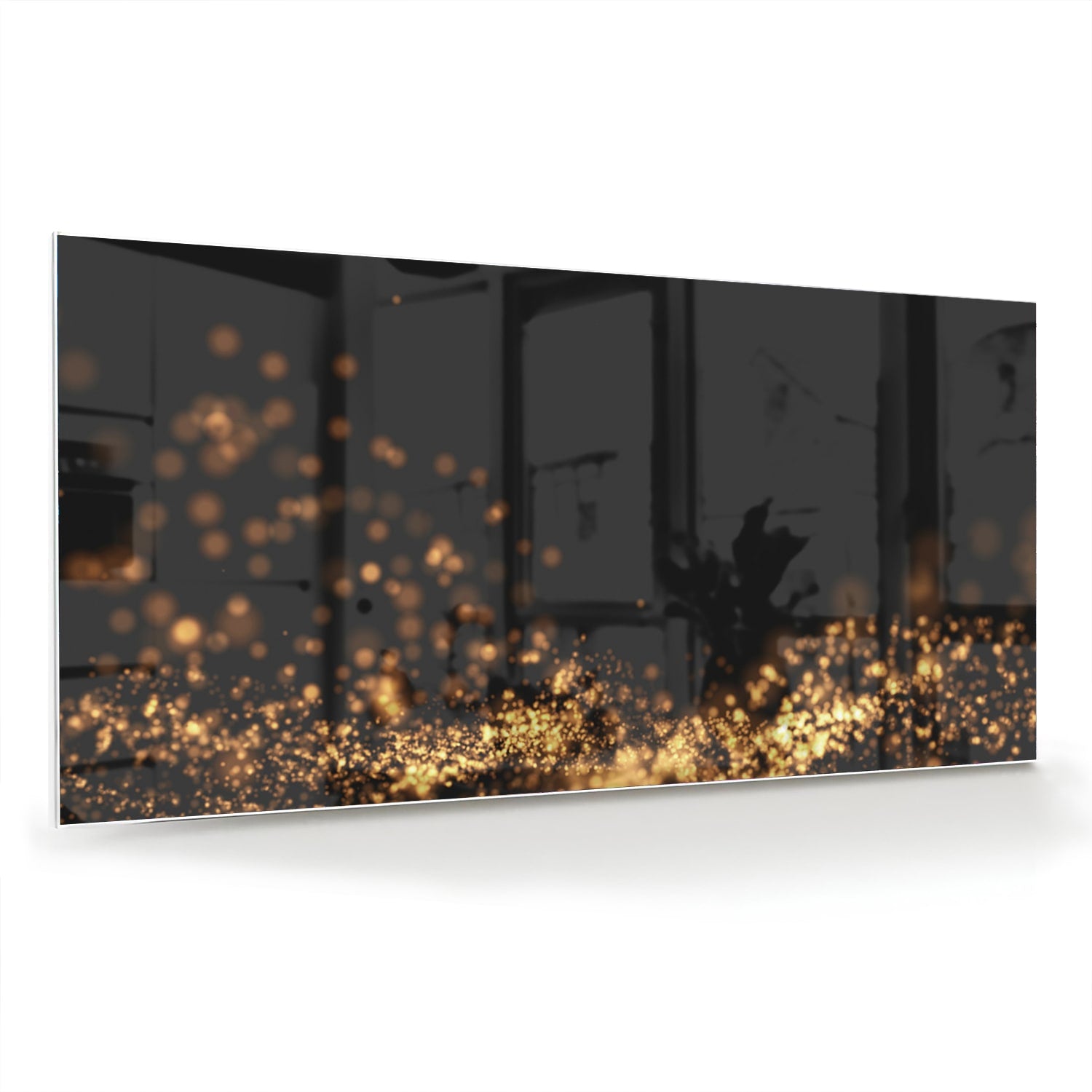 Glazen schilderij met gouden lichtpuntjes op een zwart vlak, ideaal voor moderne interieurs.
