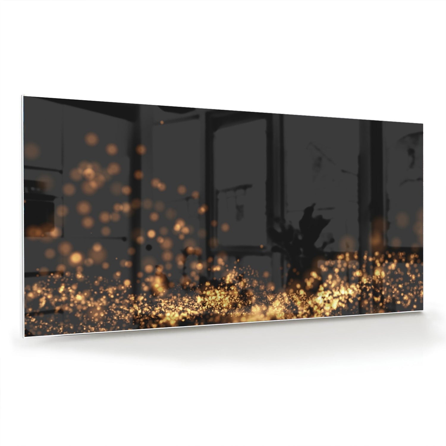Glazen schilderij met gouden lichtpuntjes op een zwart vlak, ideaal voor moderne interieurs.
