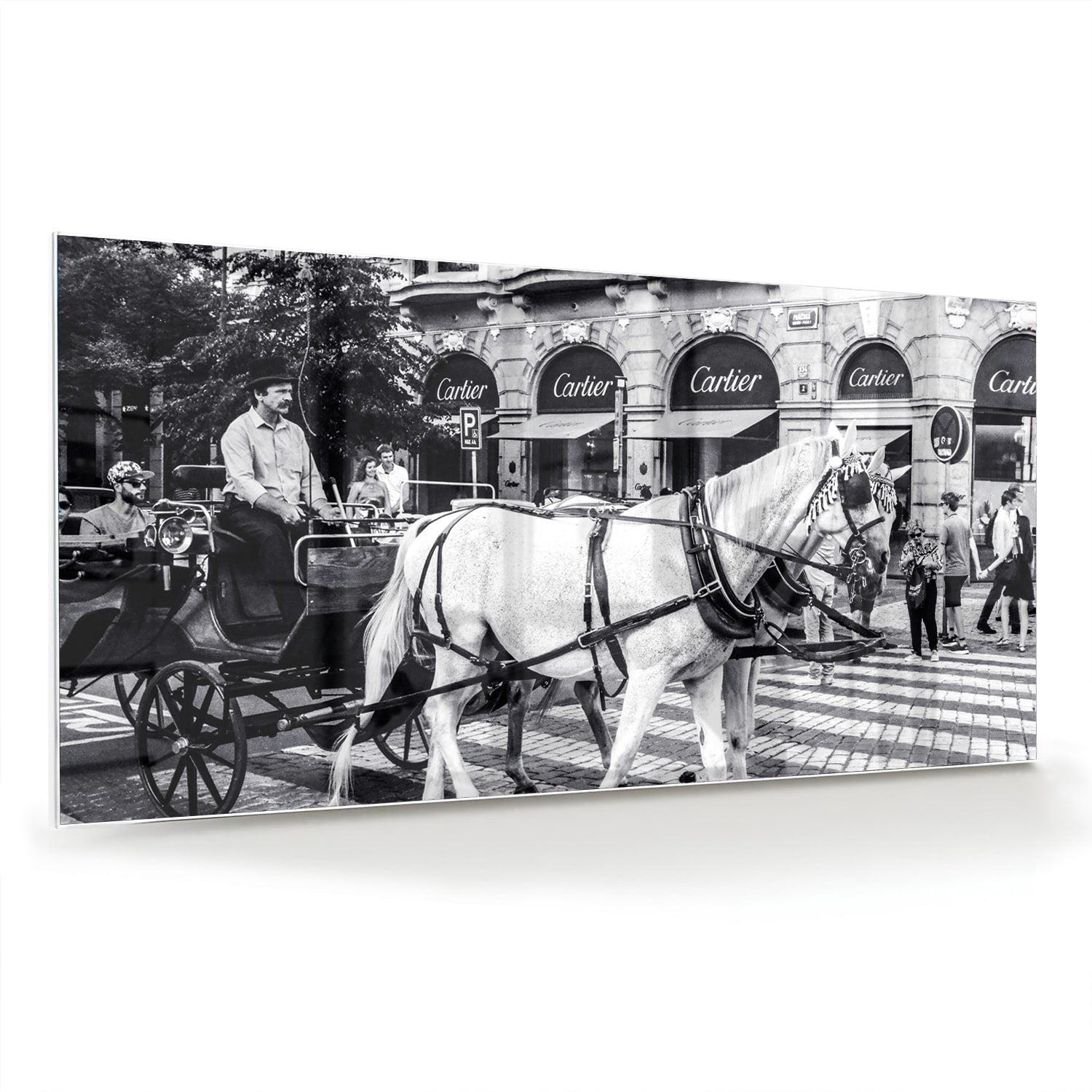 Glazen schilderij van een paard en koets in zwart-wit uitvoering