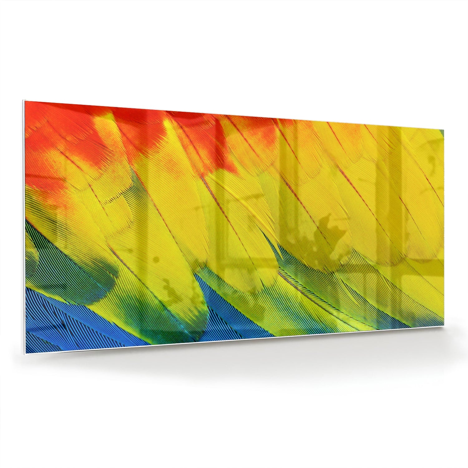 Abstract glazen schilderij met kleurrijke golven in rood, geel en blauw
