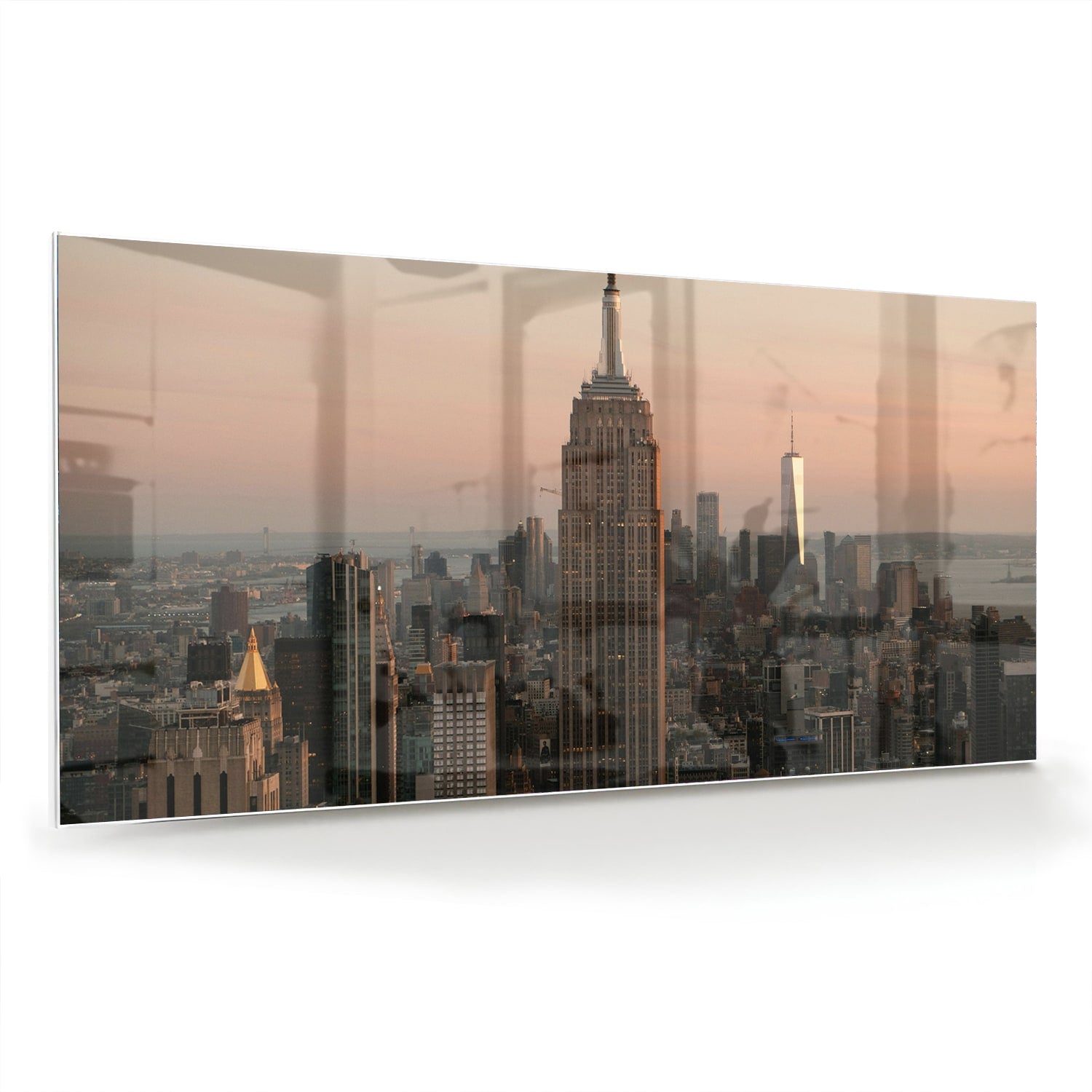 Glazen schilderij van de Empire State Building met een mooie zonsondergang