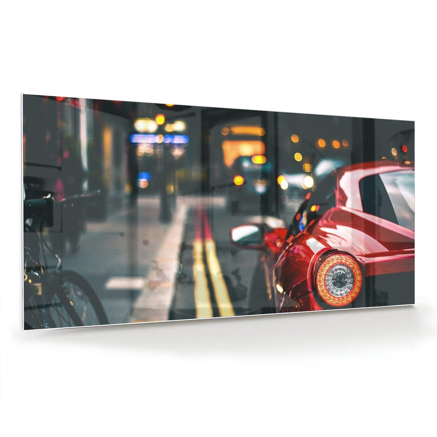 Glazen schilderij van een rode auto in een stedelijke omgeving