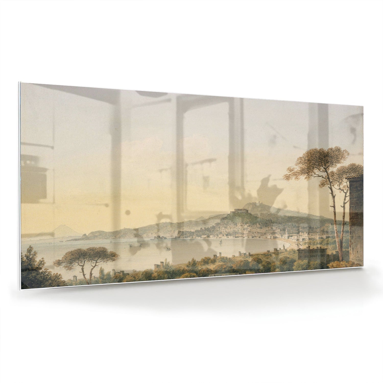 Glazenschilderij van een rustiek landschap met bergen en zonsopgang.