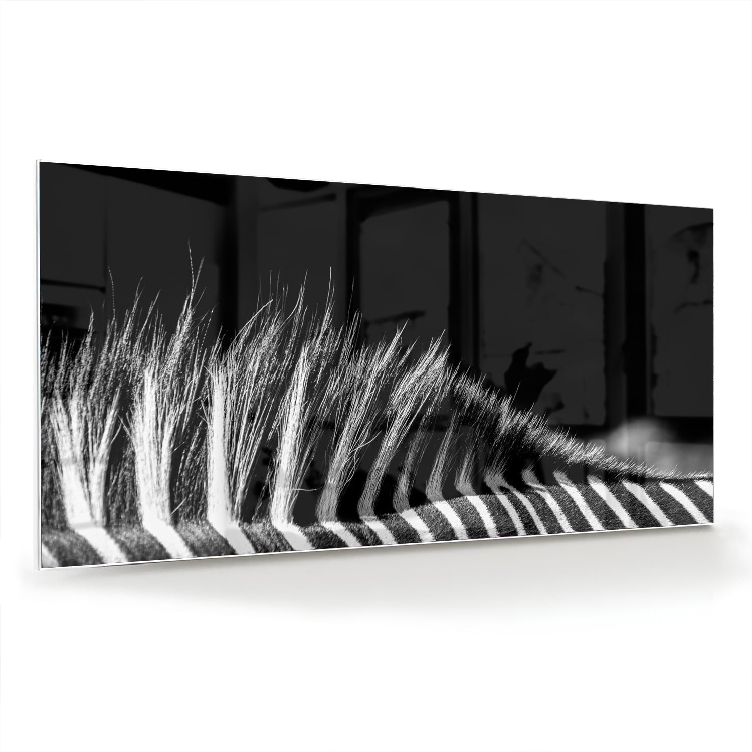 Een modern zwart-wit glazen schilderij met naadloze lijnen aan de muur.