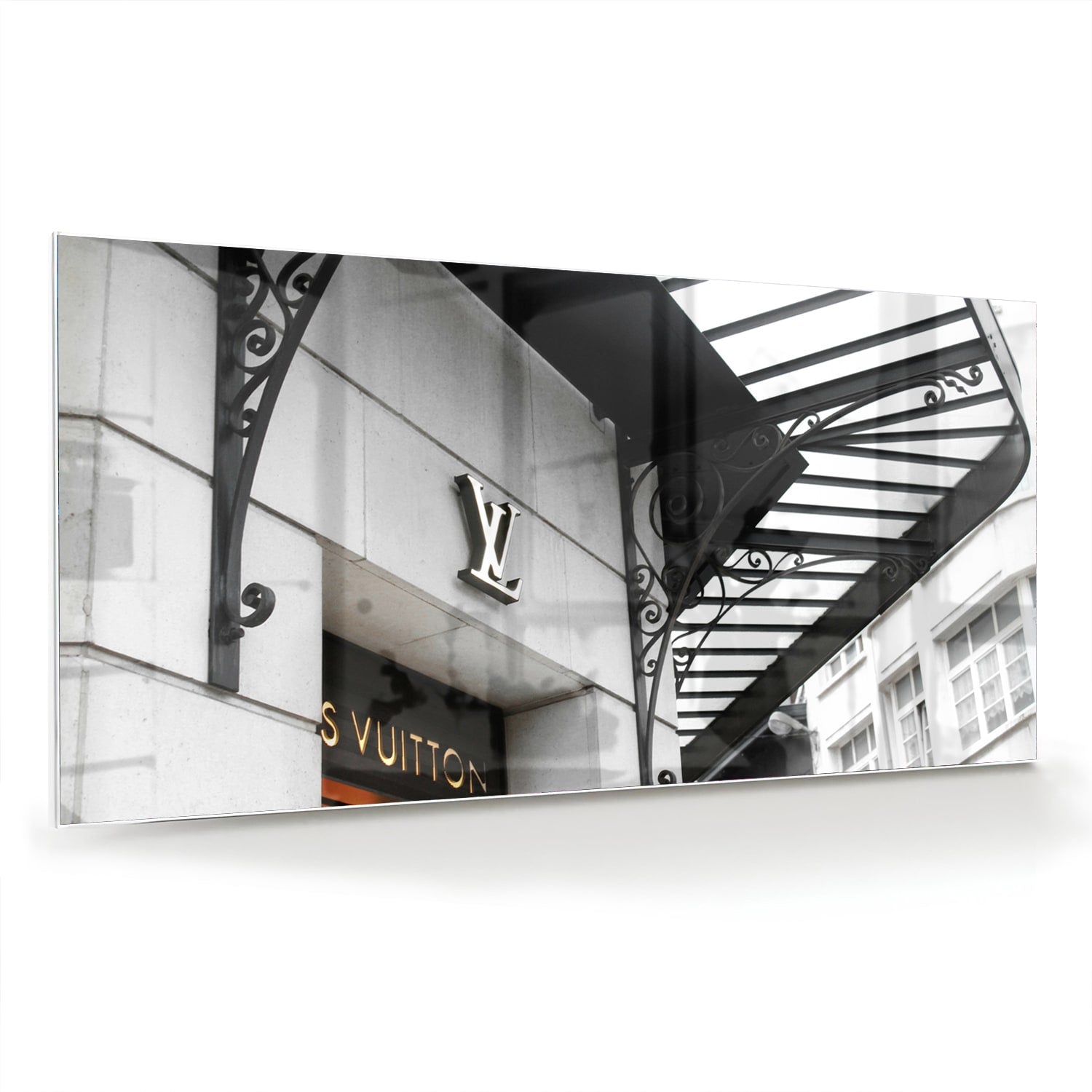 Glazen schilderij van luxe boetiek in zwart-wit, perfecte wanddecoratie.