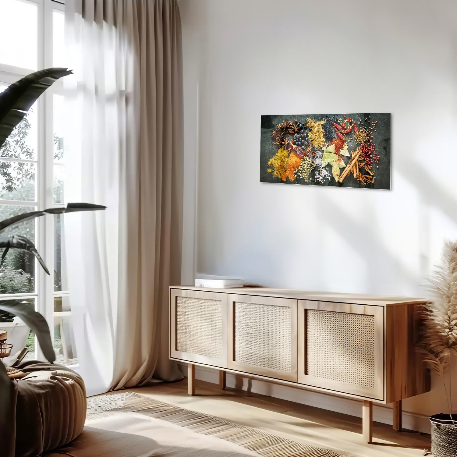 Glazen schilderij met een kleurrijke compositie van specerijen en bladeren in een moderne woonkamer.