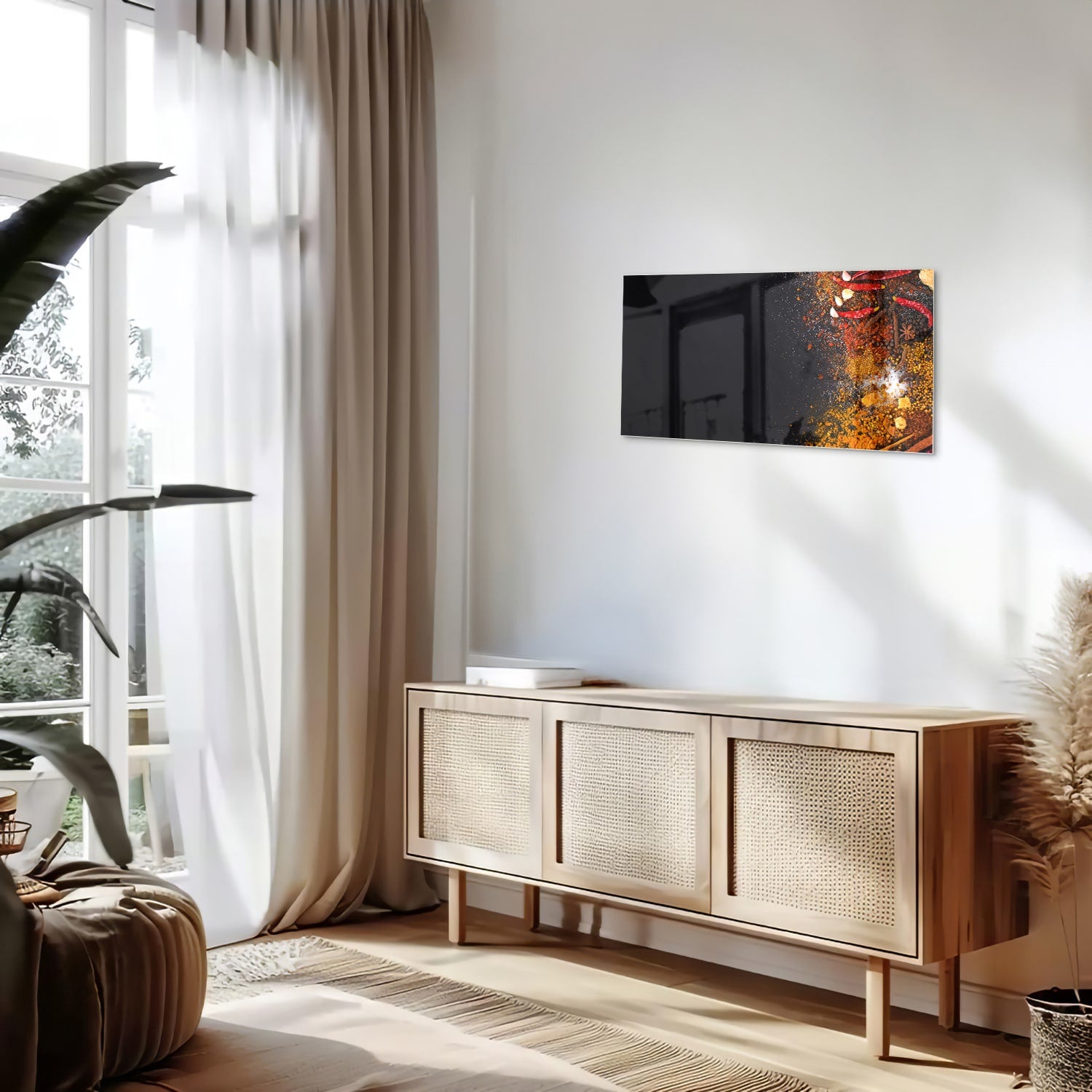 Abstract glazen schilderij met warme kleuren hangt aan de muur