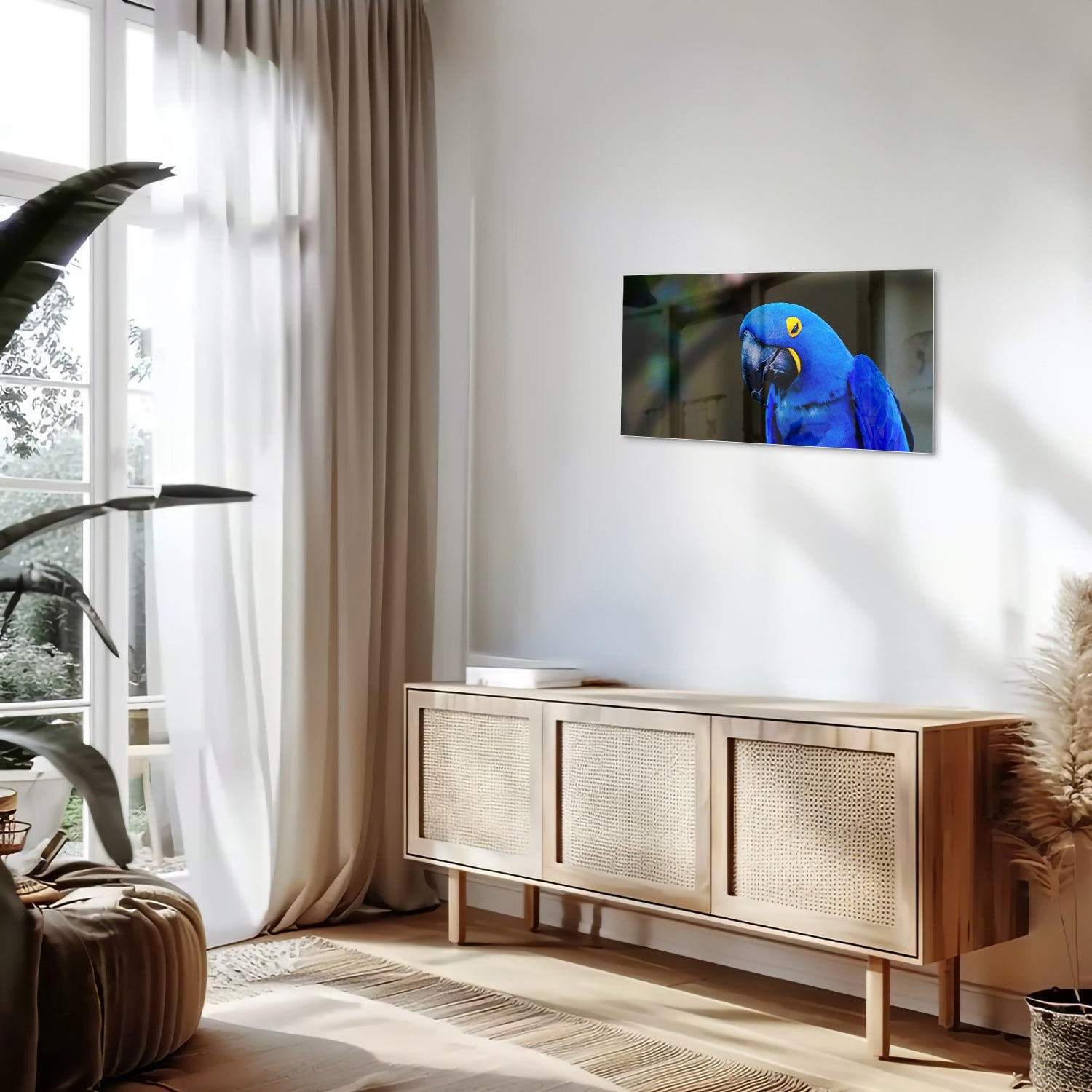 Glazen schilderij van een blauwe ara, ideaal voor wanddecoratie.