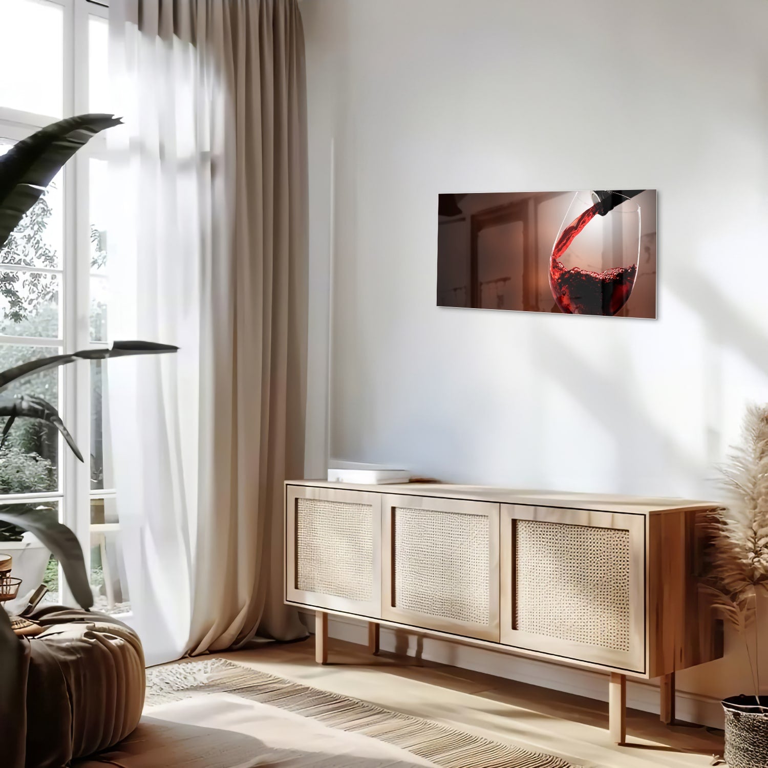 Glazen schilderij van een rode wijn die in een glas wordt ingeschonken, zichtbaar in een moderne woonkamer.