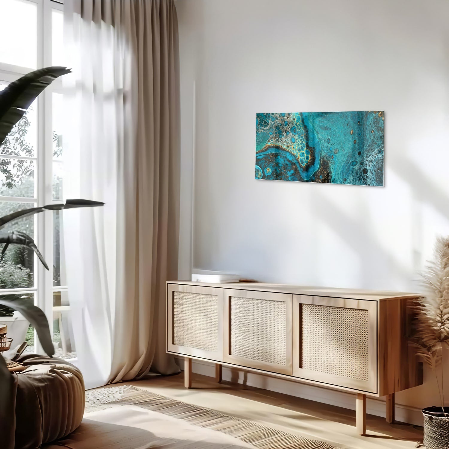 Glazen schilderij in turkoois met gouden accenten aan de muur boven een houten meubel.