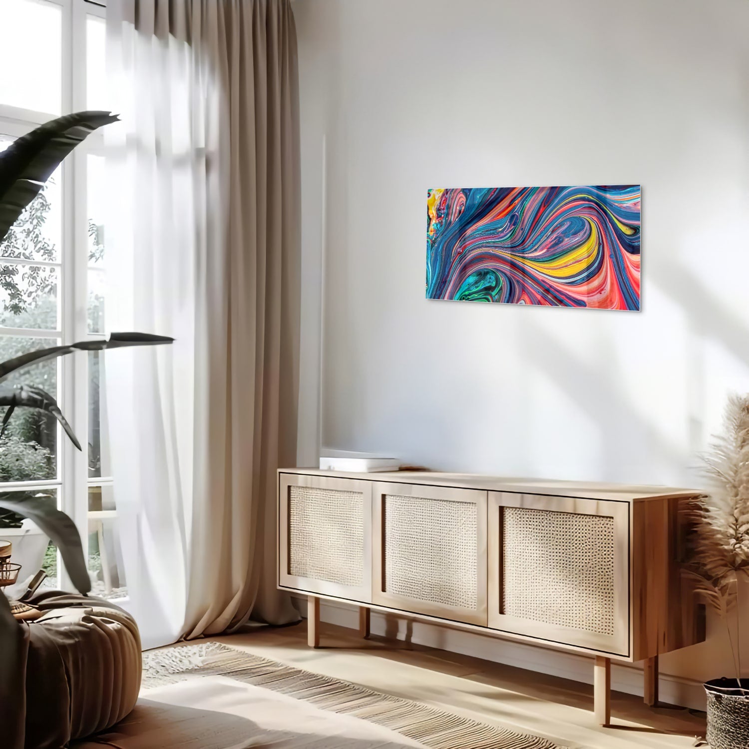 Kleurrijk abstract glazen schilderij aan de muur in een modern interieur.